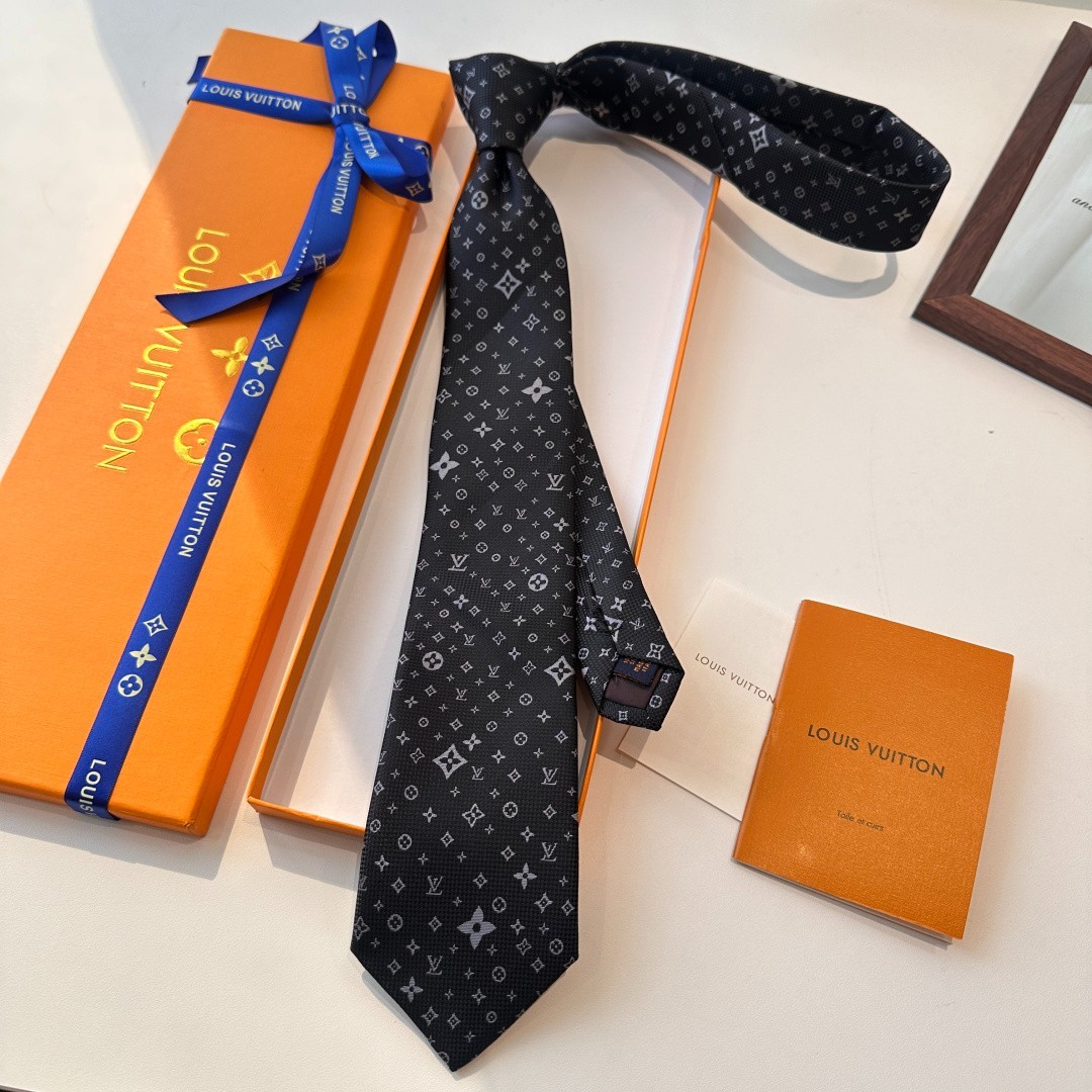 L.V. Paris Designer Silk Tie Black Grey Monogram Pattern Luxury Necktie w/ Box