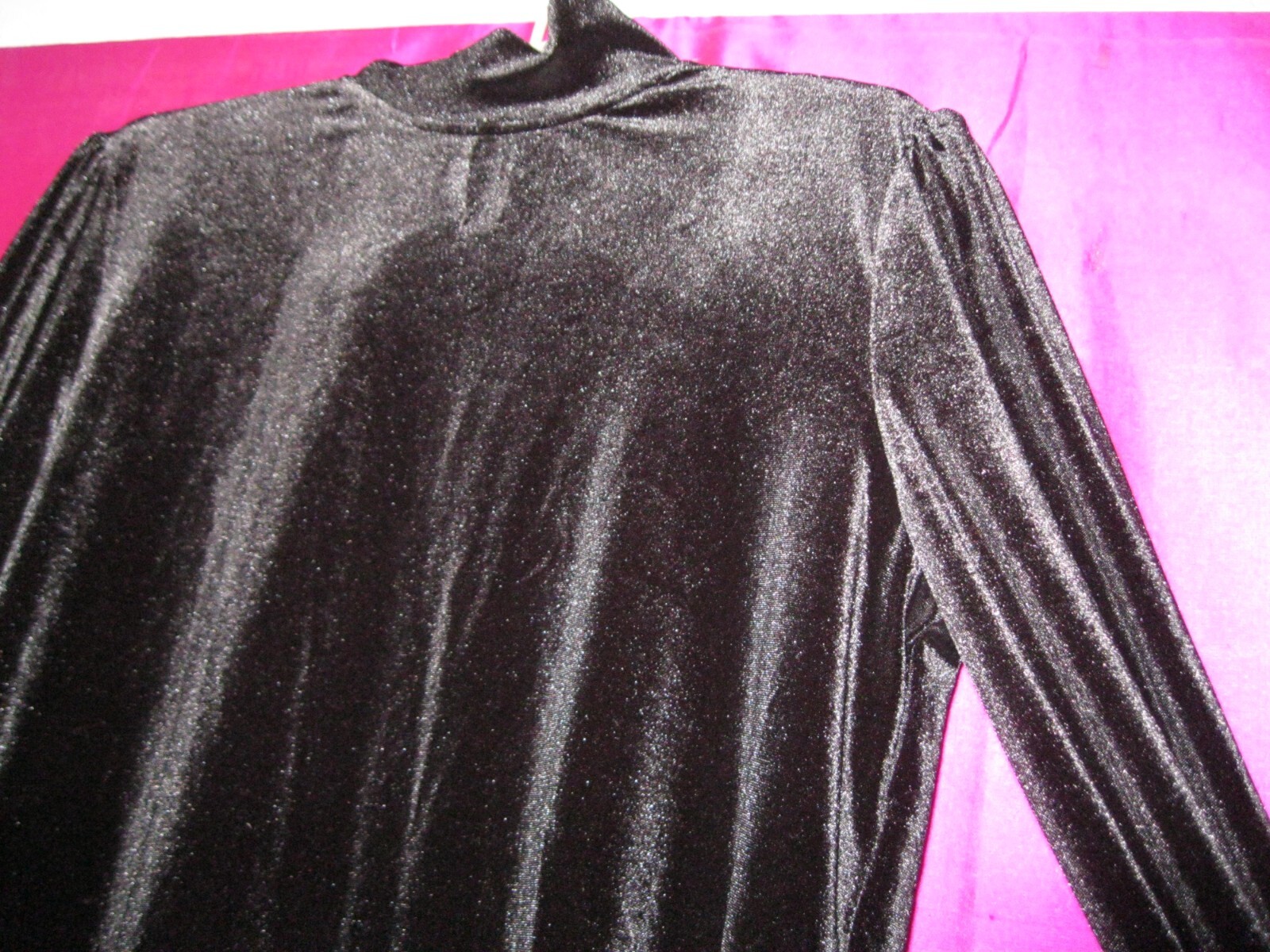 SUZANNE BETRO LABEL,BLACK VLEVET TOP W/ L/S & HIGH NECK, SZ M.,POLYESTER/SPANDEX
