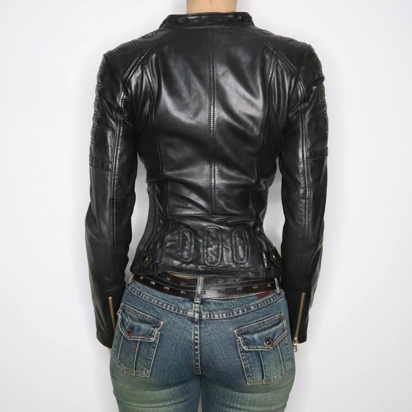 Sexy Leather Moto Jacket Real Lambksin Leather Quilted Motorcycle Cropped Jacket