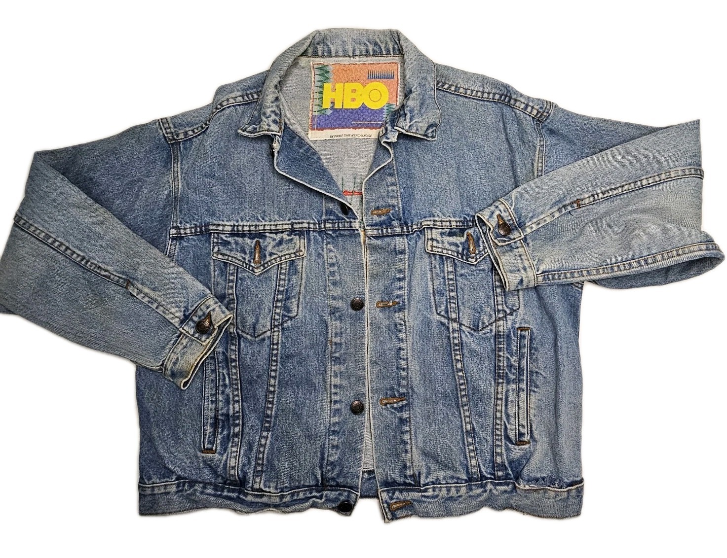 Vintage 80s 90s HBO Patchwork Jean Denim Jacket Med Pop Art Prime Time Short