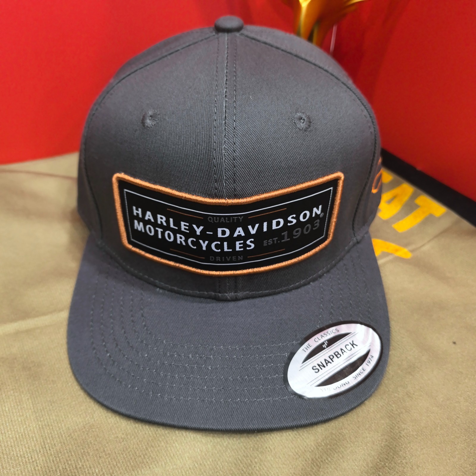 Harley-Davidson Orange-Bordered Patch Logo Flat-Brim Cap Gray Adjustable