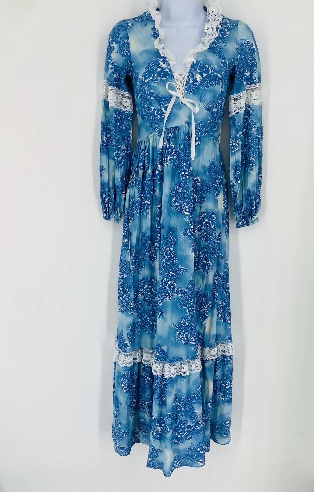Vintage 70s Blue Floral Maxi Dress Victorian Prairie Edwardian Style Small Beach