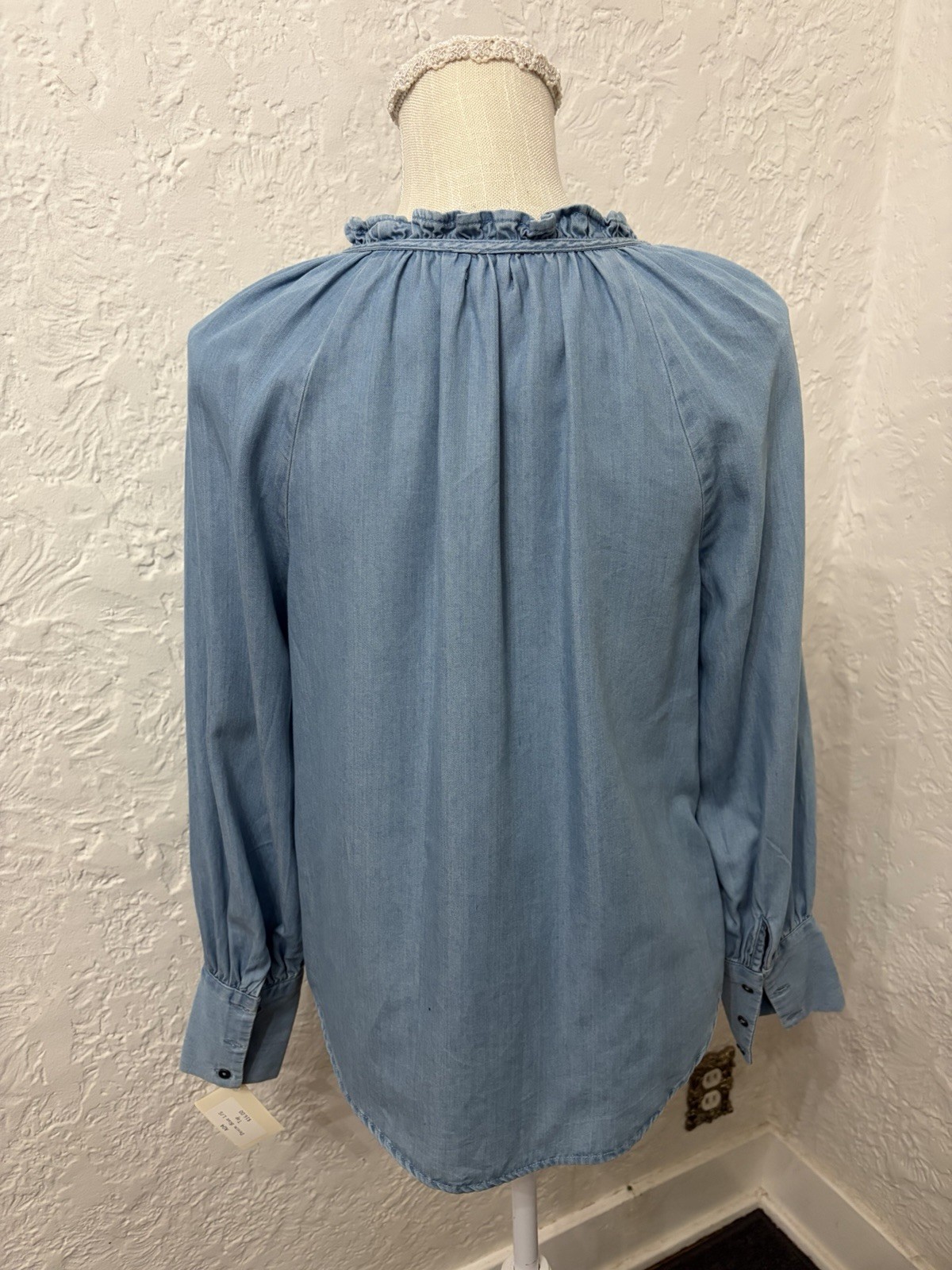 a.n.a Blue Chambray Lyocell Button Front Ruffle Tie Long Sleeve Blouse XS