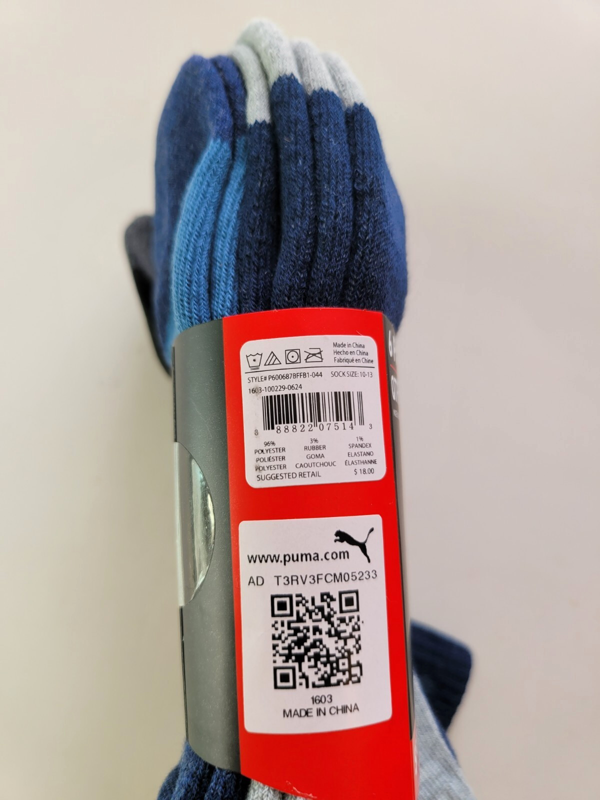 Puma Men’s Quarter Crew Socks 6 Pack L Blue Black Gray Half Terry Sport Cushion