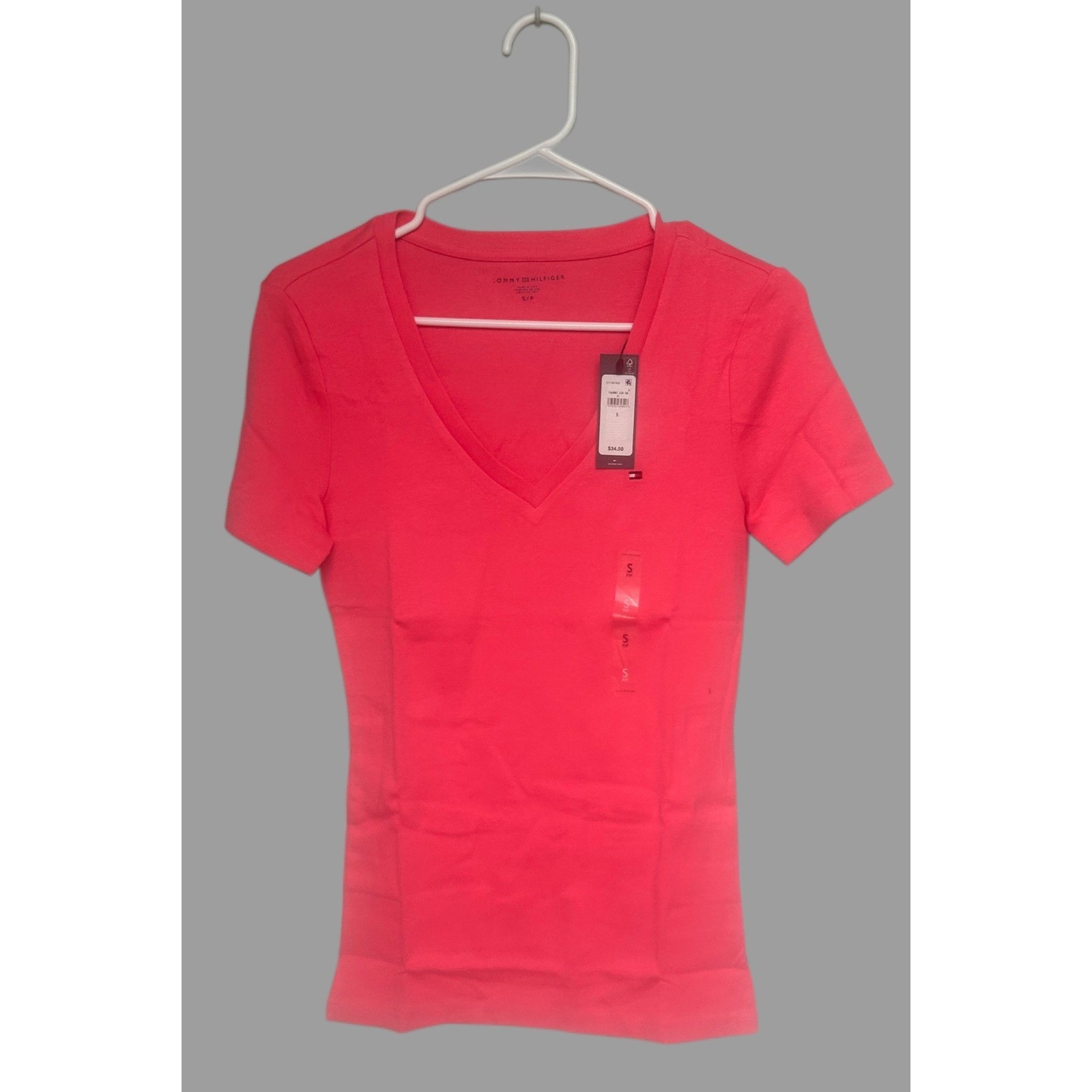 Tommy Hilfiger V-Neck T-Shirt Tee Womens S Pink New Short Sleeve Logo Casual