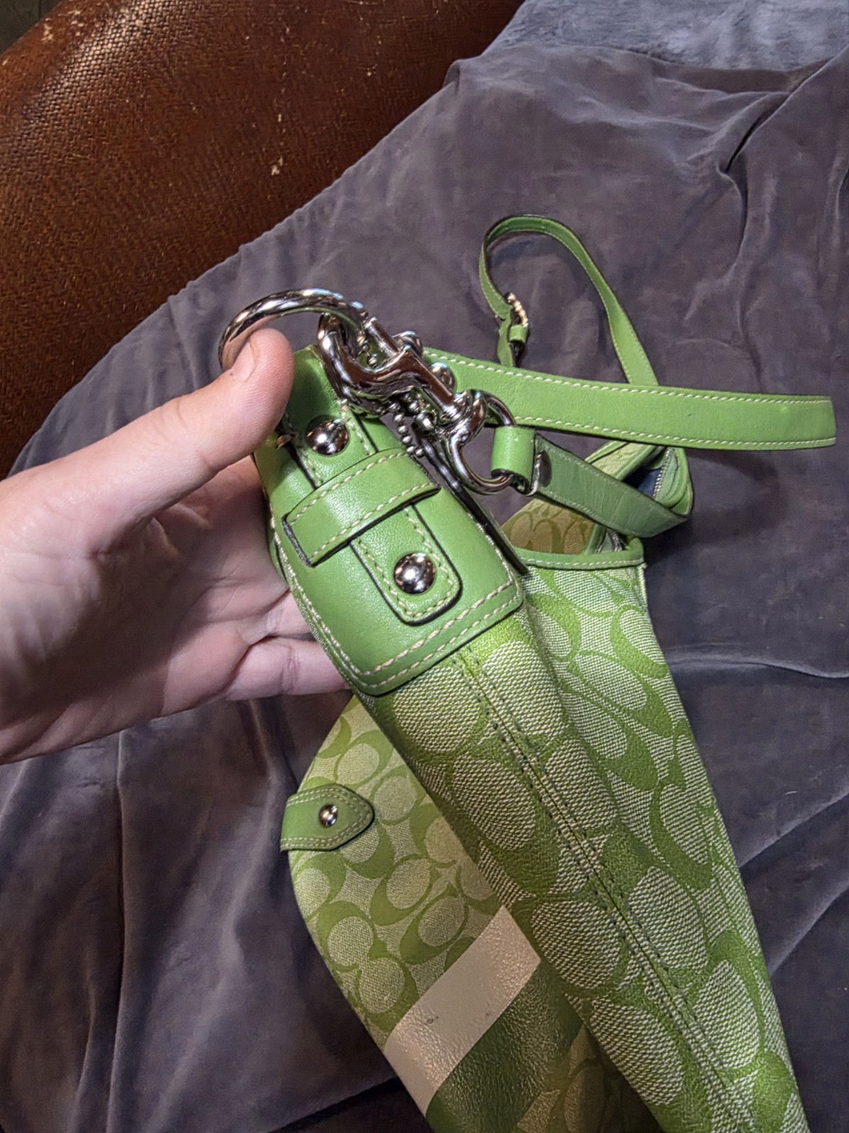 Vintage Coach Heritage Stripe hobo bag in a lime green & white signature canvas