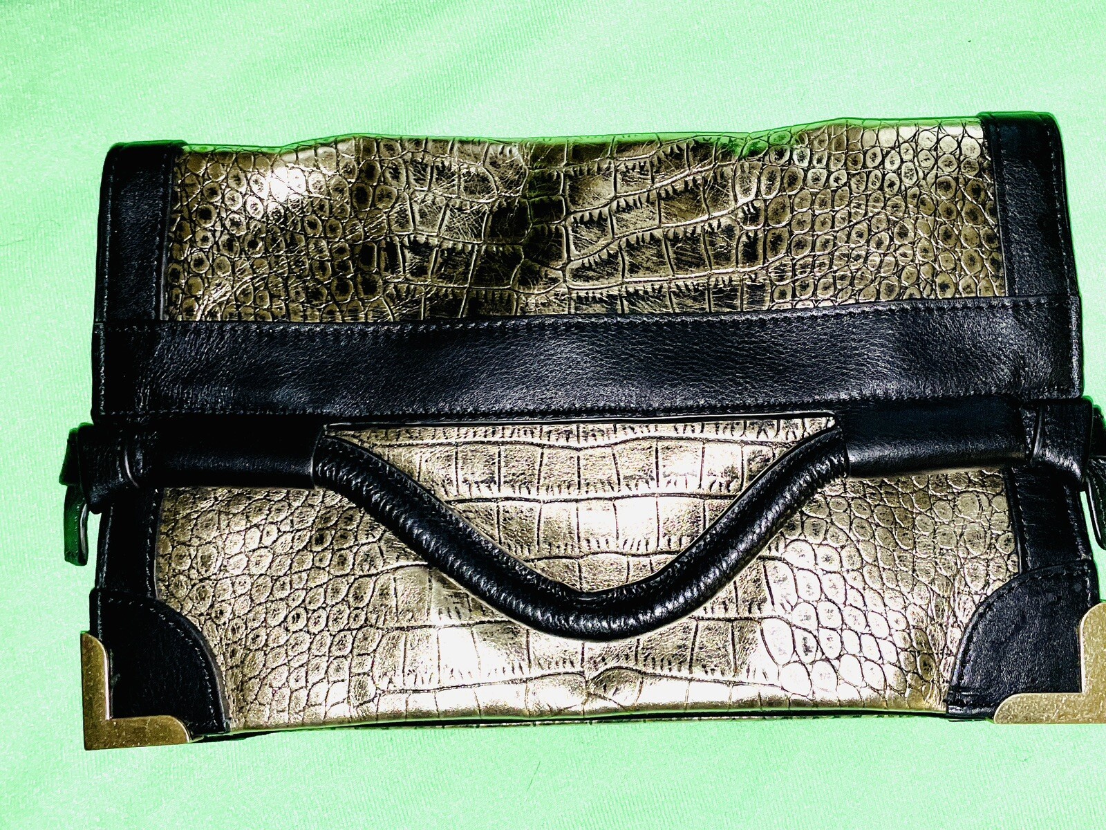 $295 FOLEY & CORINNA FRAMED FLAP GOLD CROCODILE EMBOSSED LEATHER CROSSBODY BAG