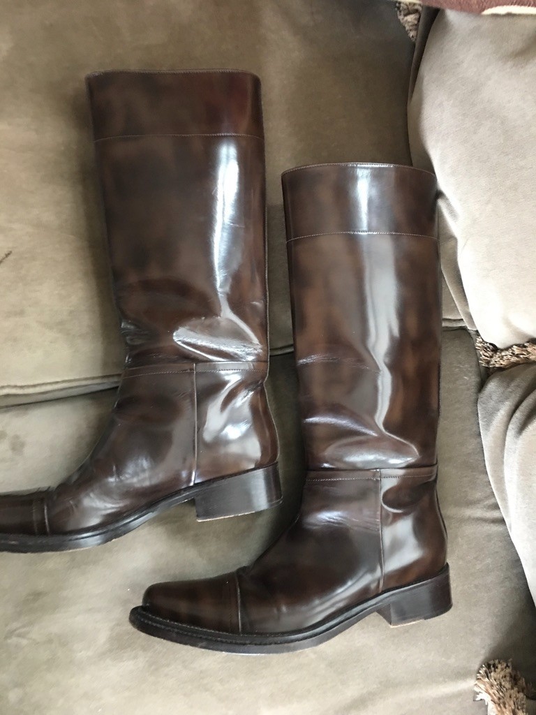 Prada High Polish Leather Riding Boots Dark Brown Size 39 Womens Ladies