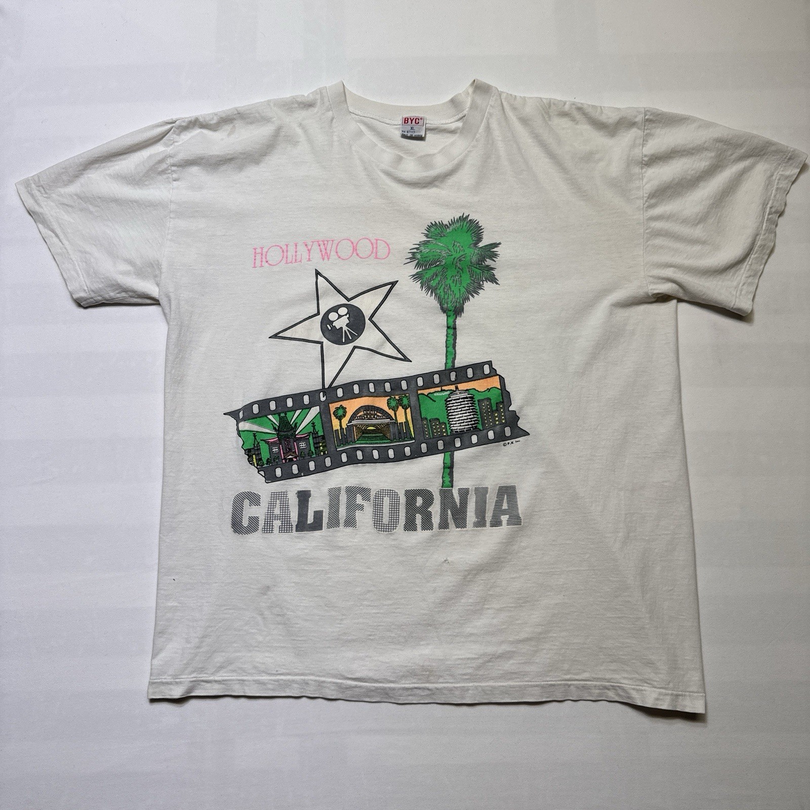 Vintage BYC Hollywood T-Shirt Made in Korea XL Retro Graphic Palm Trees White
