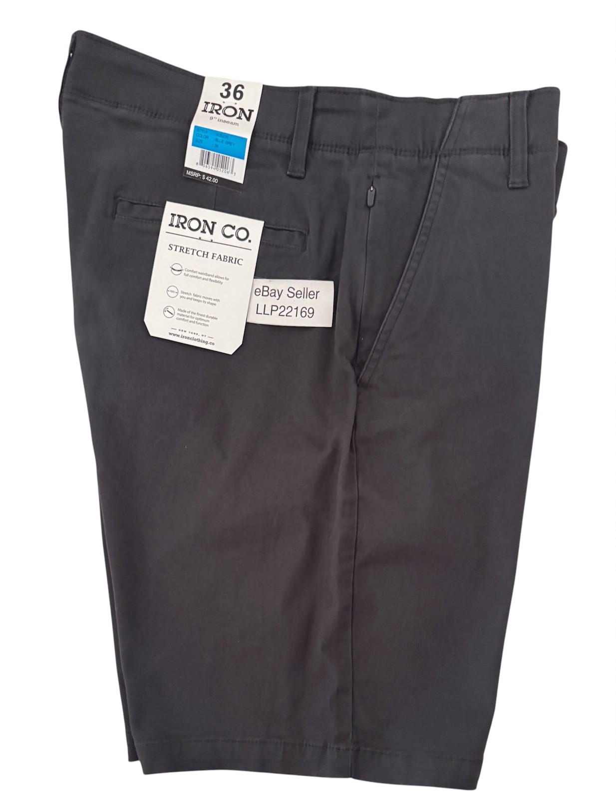 IRON CO Men’s Stretch Shorts (SIZE 36) Flex Waist Flat Front BLUE GREY New Tag!