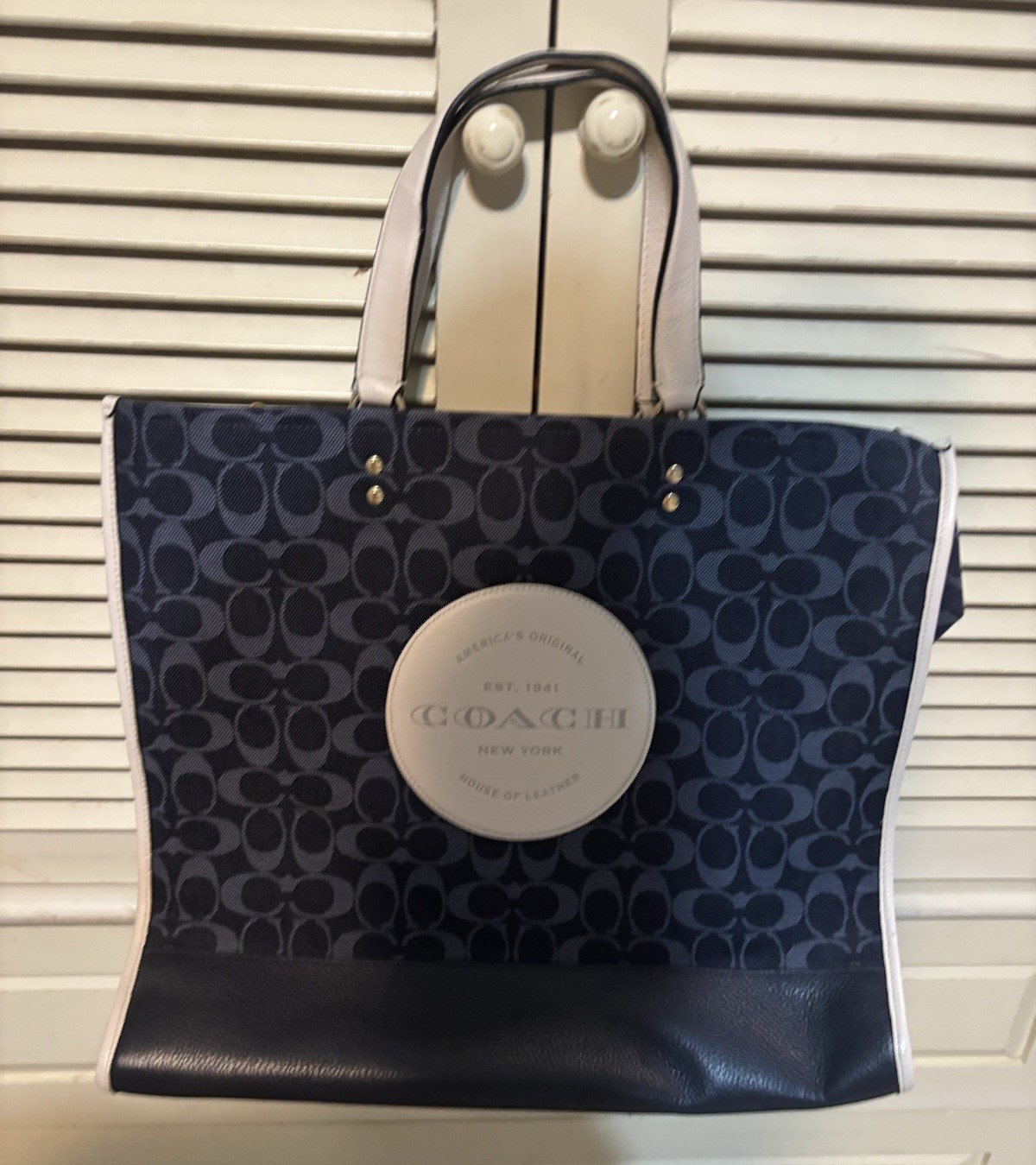Coach Women’s Signature Logo Tote Handbag Blue/White Leather Handles, Gold