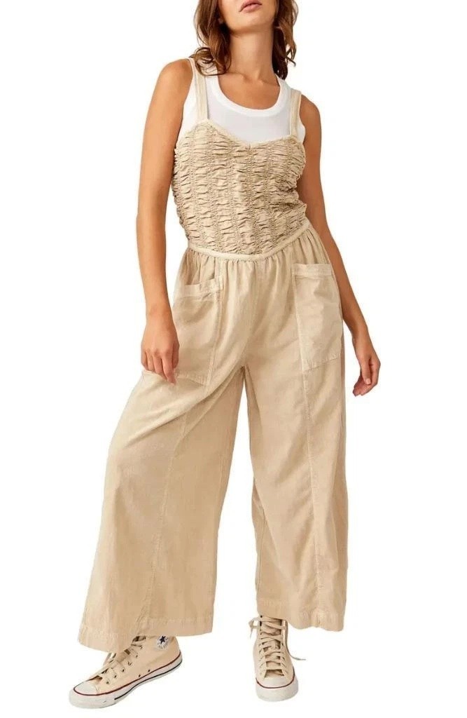 Free People Forever Always Cotton Wide Leg Jumpsuit in Beached Sand Size L