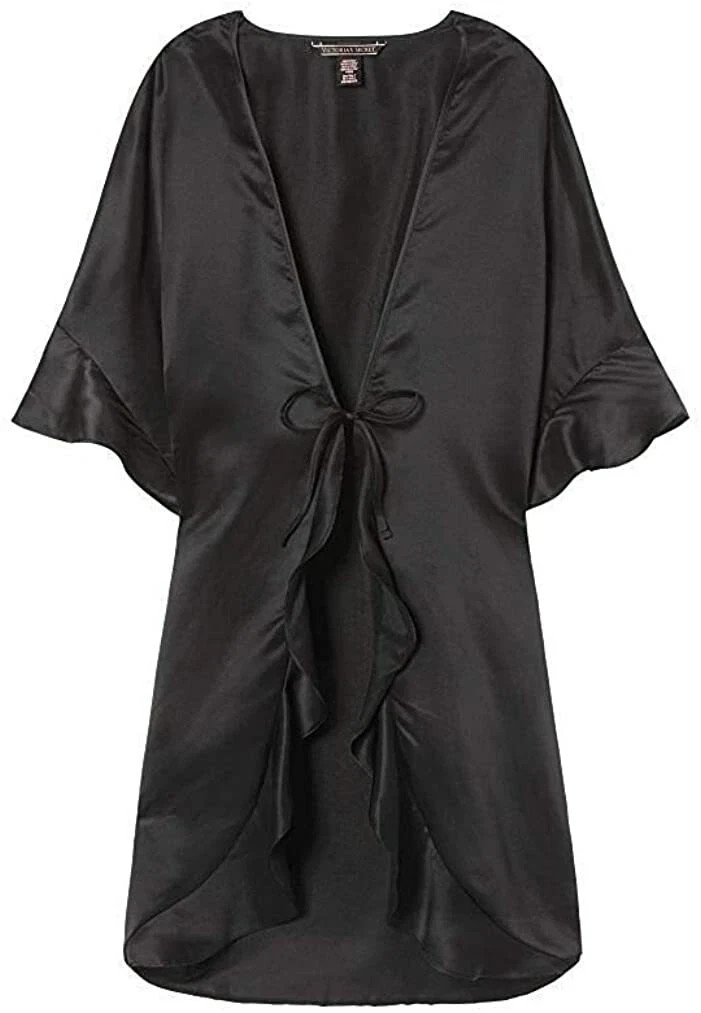 Victoria’s Secret Sexy Satin Kimono Black Ruffle Robe One Size Ruffle Tie Front