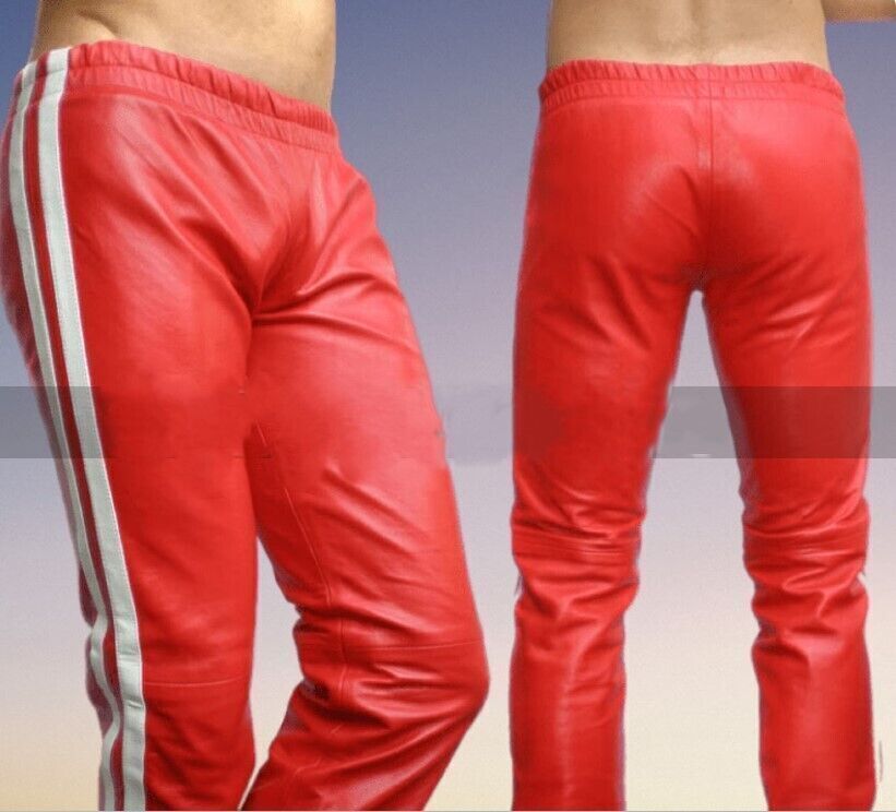 Soft Lambskin Leather Pants New Genuine Red High Quality Wear Men White Striped