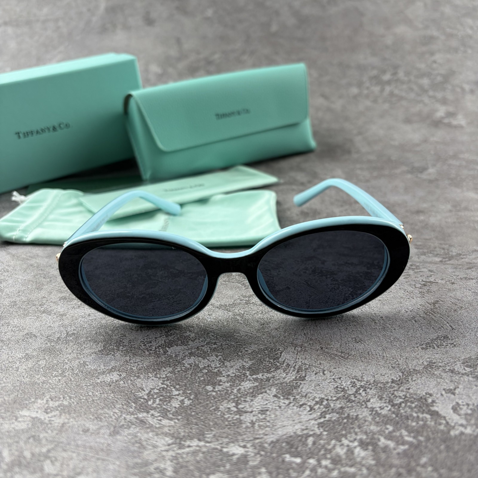 New In Box – Tiffany Black & Blue Oval Sunglasses for Women Designer Eyewear