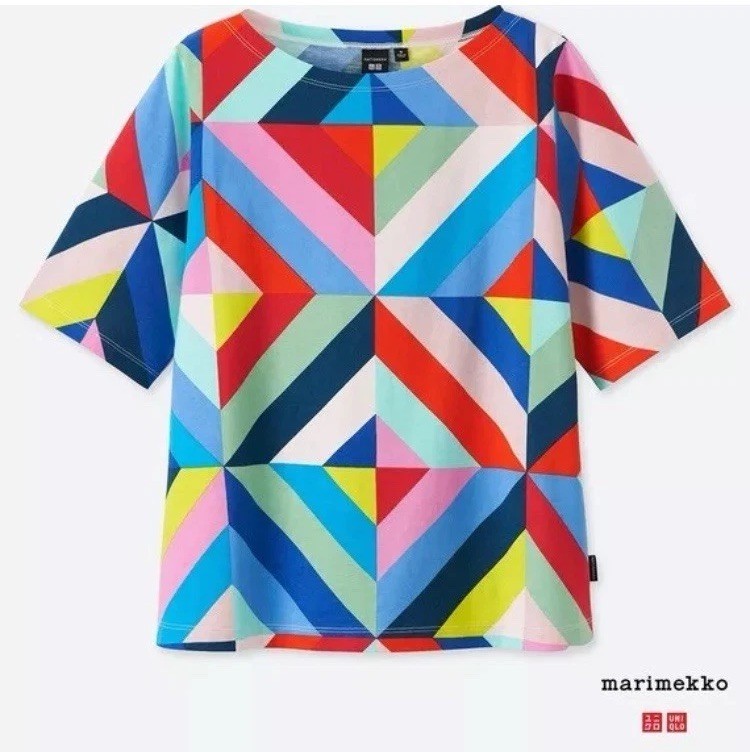 Uniqlo x Marimekko XS Colorful Geometric Print Top 3/4 Sleeve TShirt Rare 2 Find