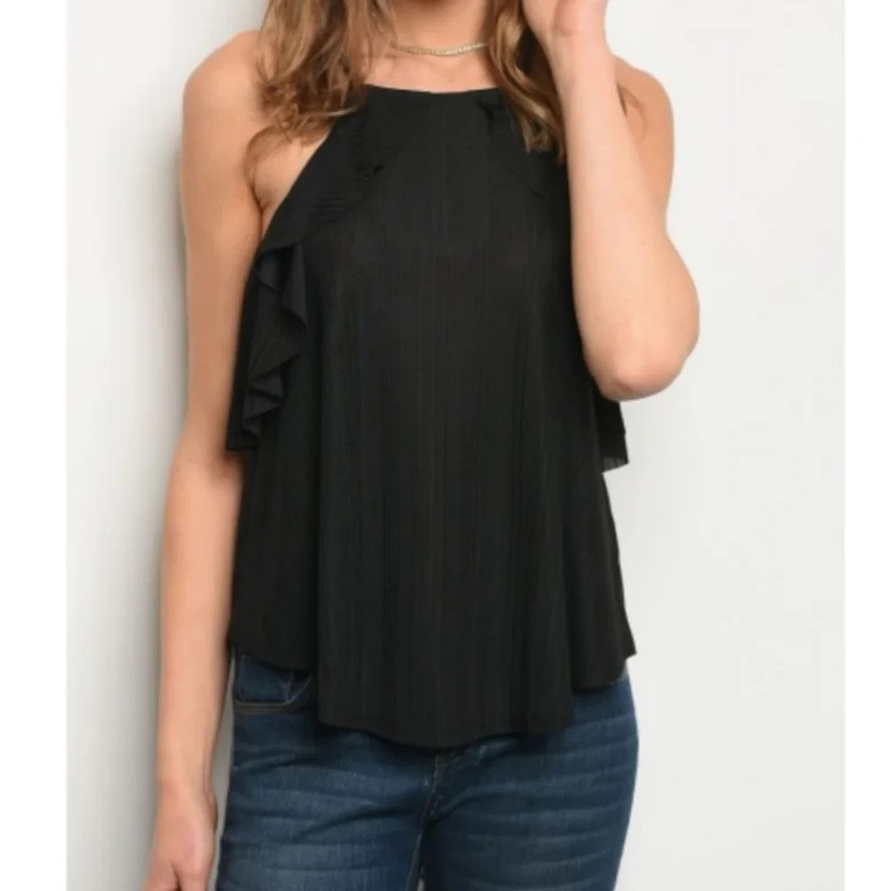 Very J Black Colored Ruffle Tank Top