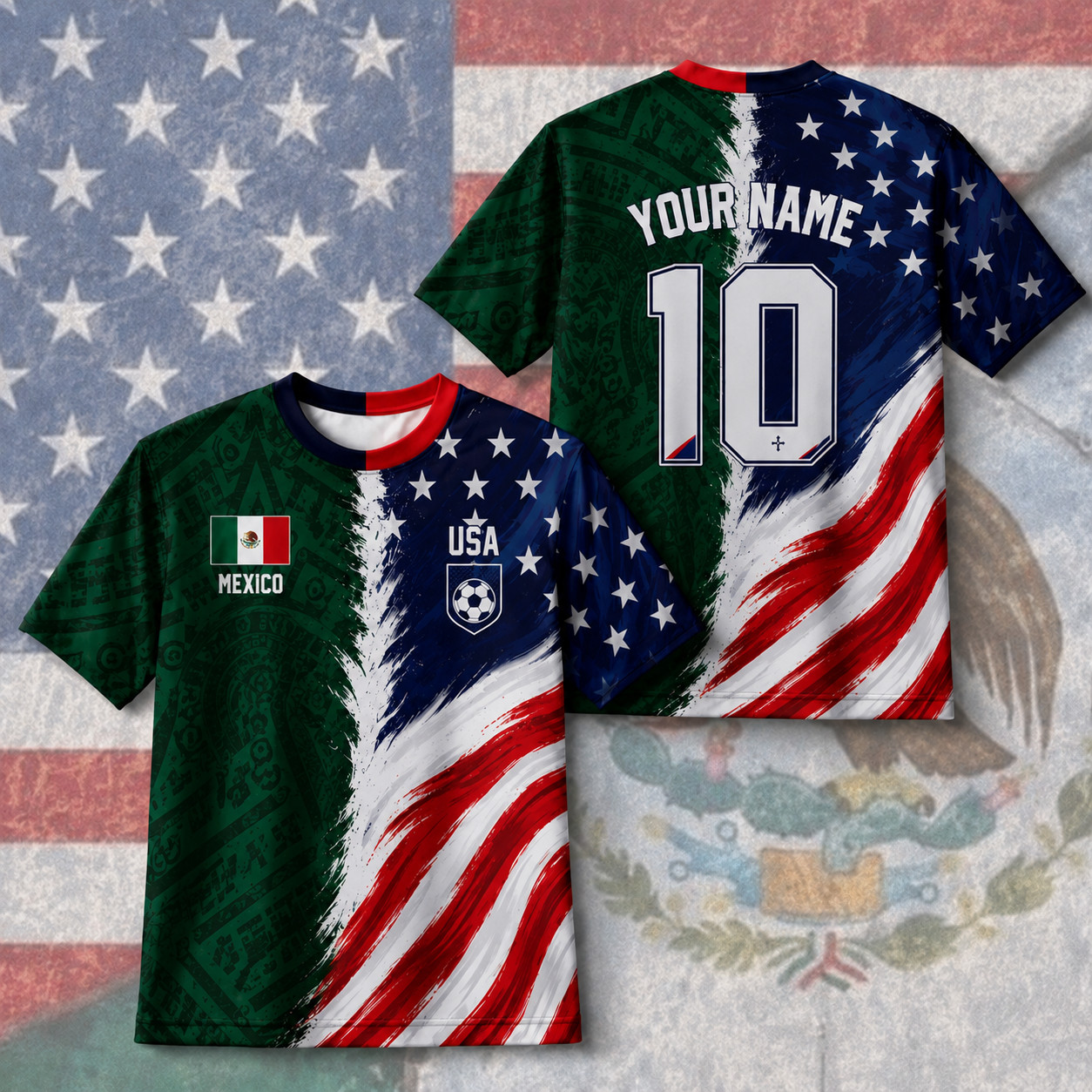 Personalized Mexico USA Soccer Jersey Name Number Aztec Mexican American (S-5XL)