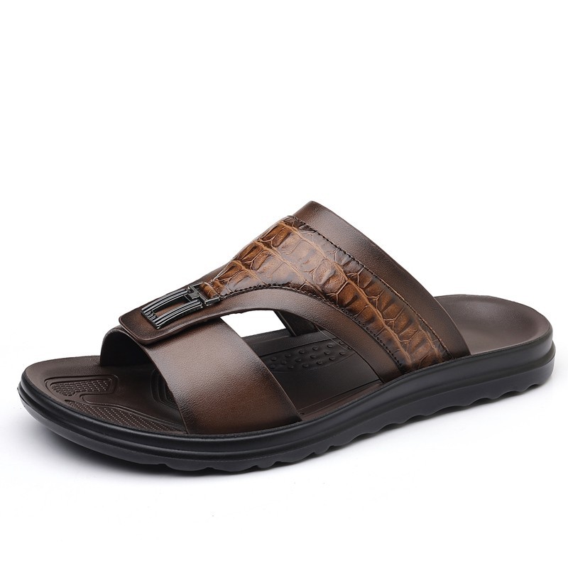Men’s Croc-Embossed Slide Sandals, PU Leather, Comfort Non-Slip Rubber Sole