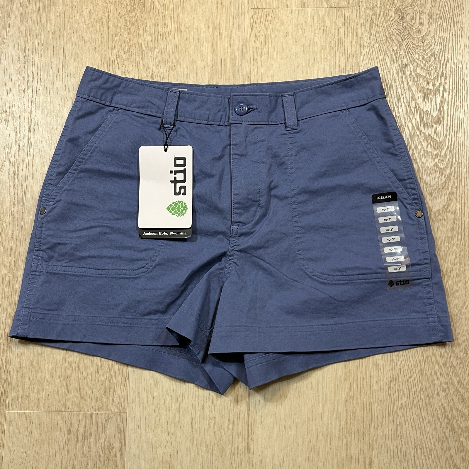 NWT Stio Women’s 10 Rivet Twill Shorts 3″ Inseam Cotton Slate Blue Flat Front