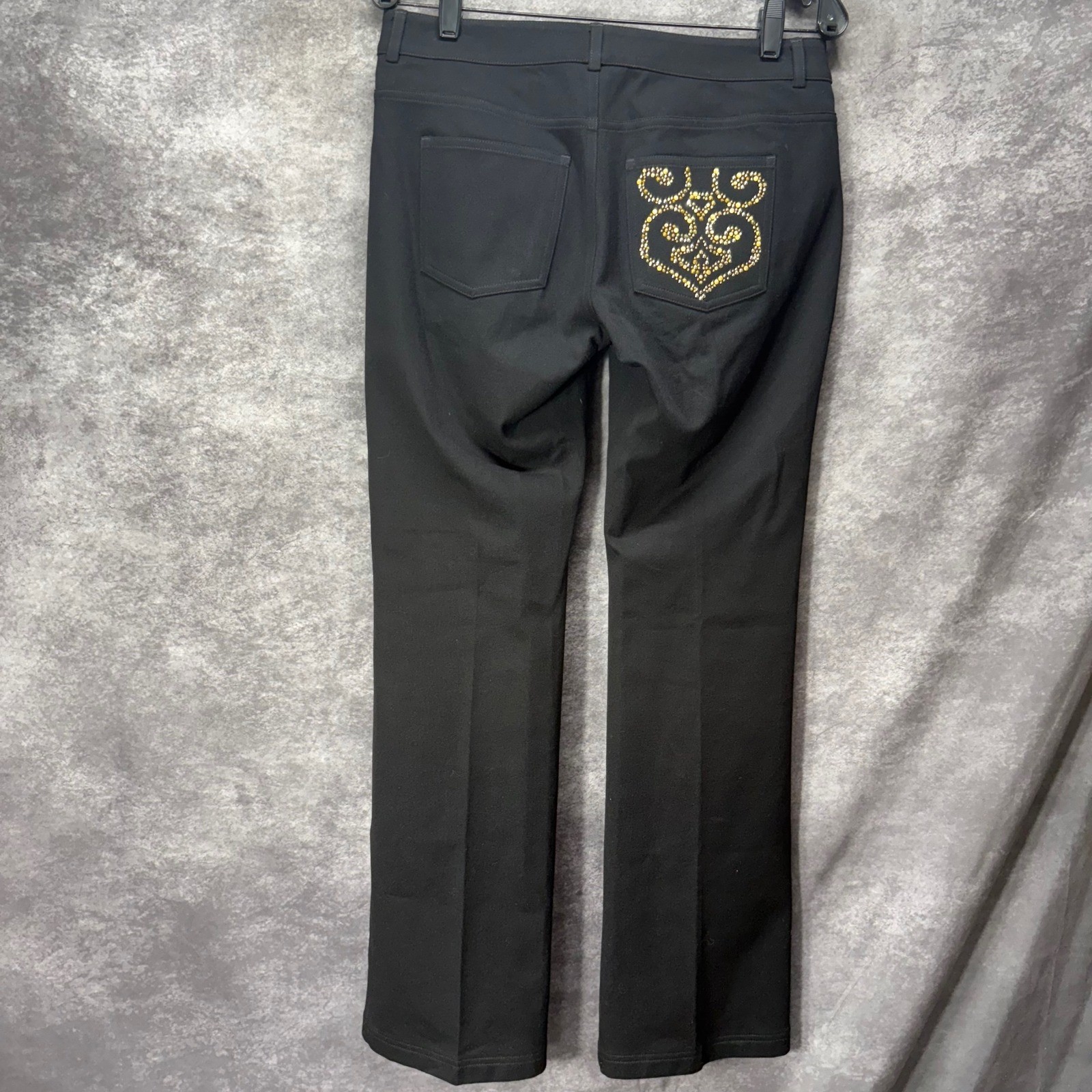 St John Black Bootcut Knit Pants Size 6 Gold Studded Back Pocket Glam Old Money