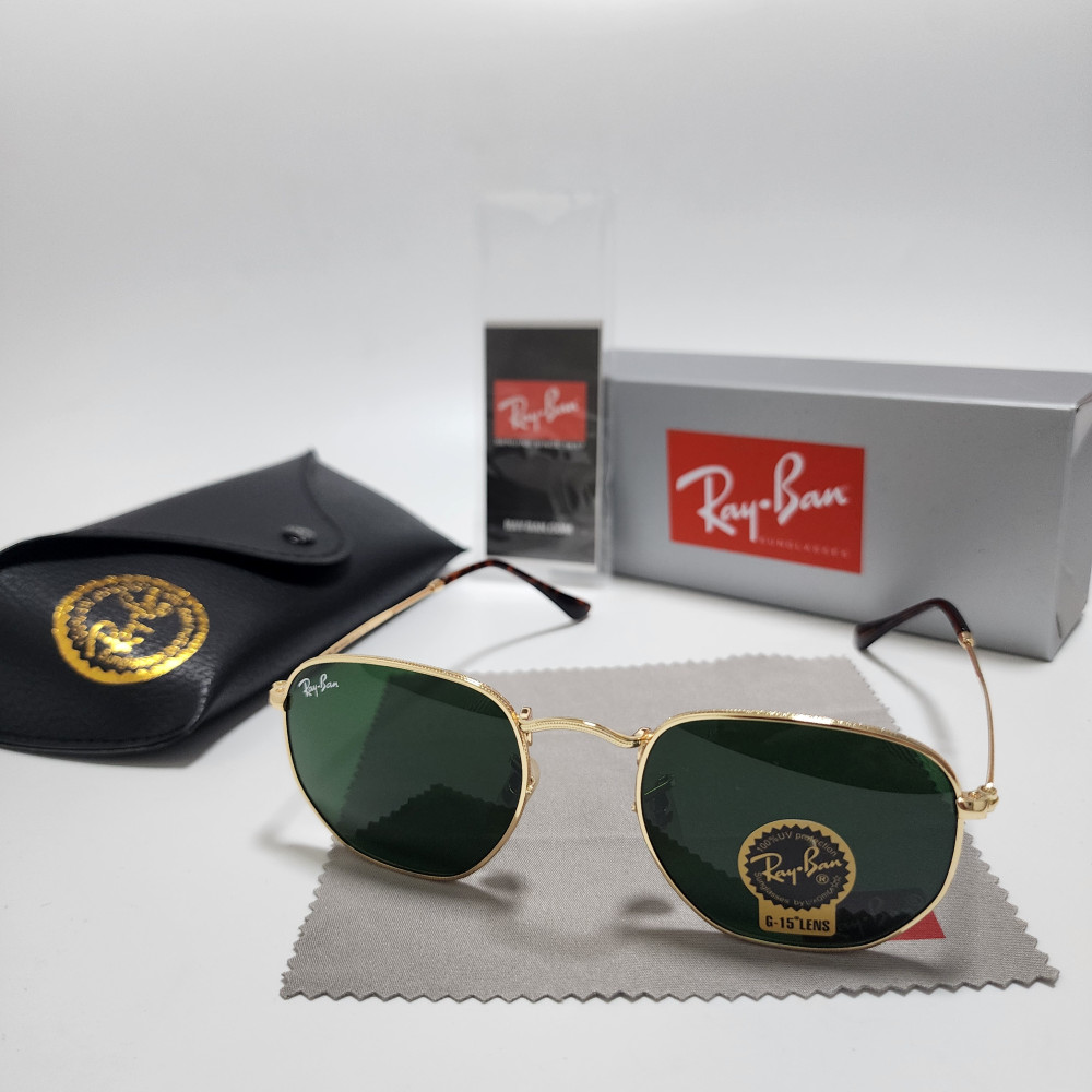 Ray-Ban RB3548N Hexagonal Sunglasses Gold Frame Glass Green Lens 51-21 mm