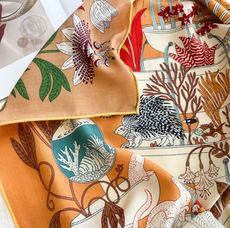 70% Cashmere 30% Silk Wrap Scarf garden Print Double Face Print Shawl 135X135cm