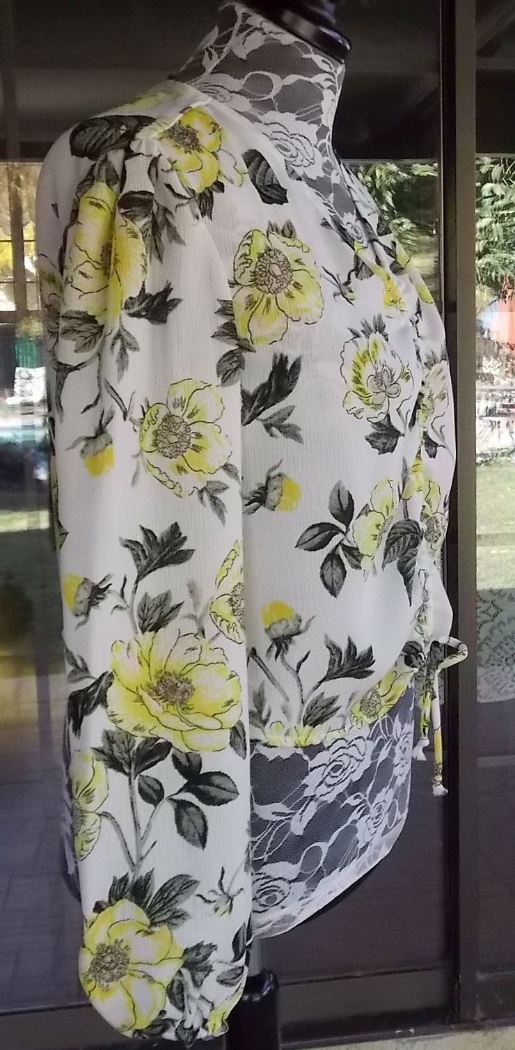 Long Sleeve Yellow Floral Ruched Front Tie Blouse Sz. XL 44″ Bust