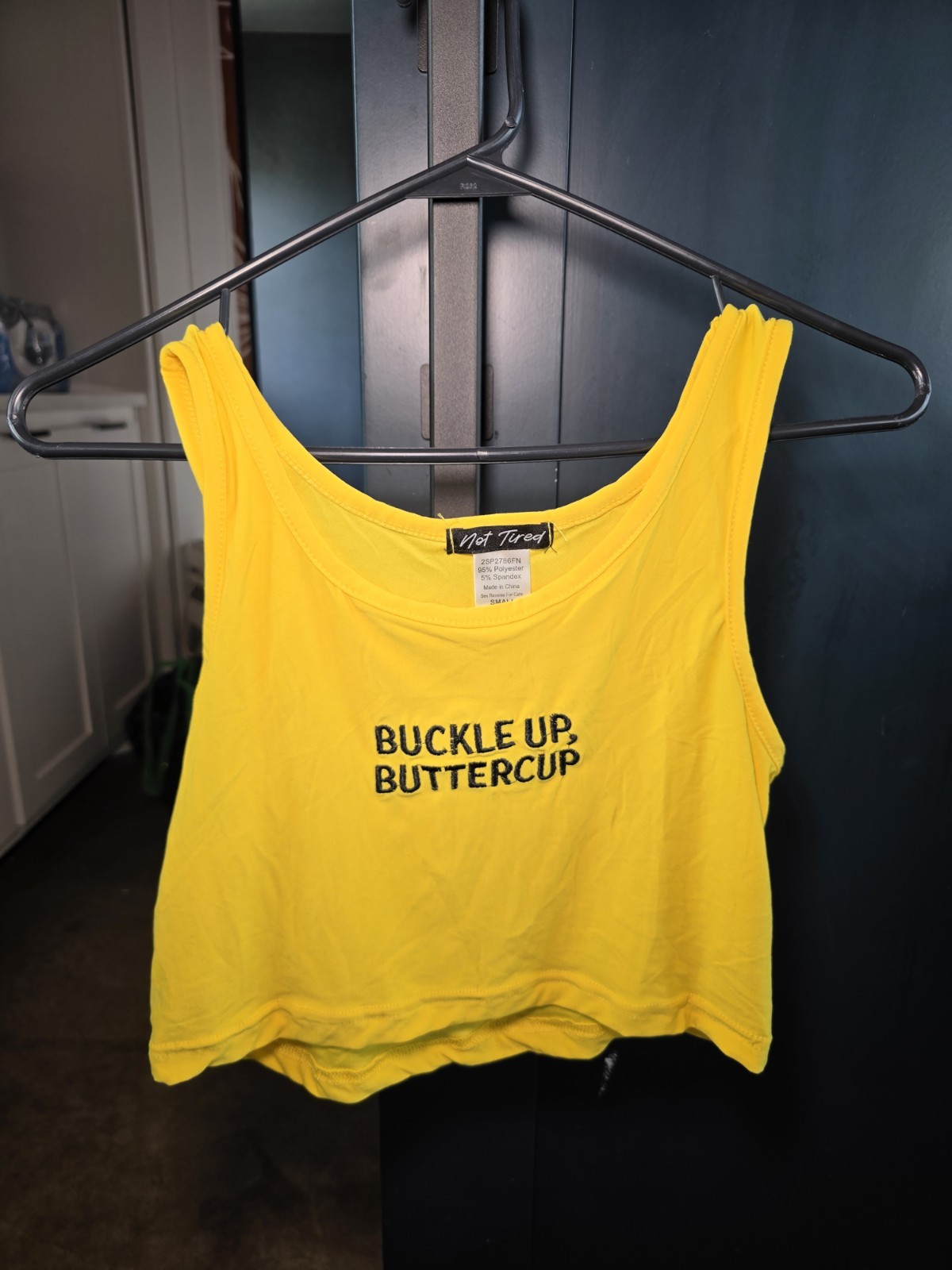 Not Tired Yellow Embroidered ‘Buckle Up Buttercup’ Cropped Sleeveless Tank S/M