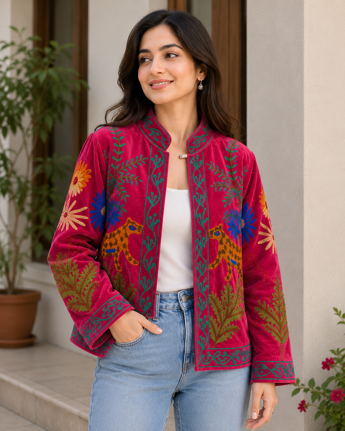 Pink Velvet Suzani Jacket Leopard Animal Embroidered Ethnic Women Boho Coat US