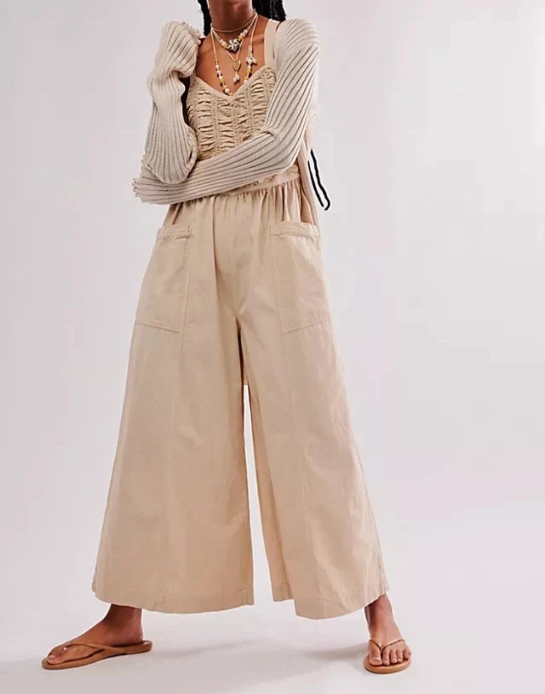 Free People Forever Always Cotton Wide Leg Jumpsuit in Beached Sand Size L