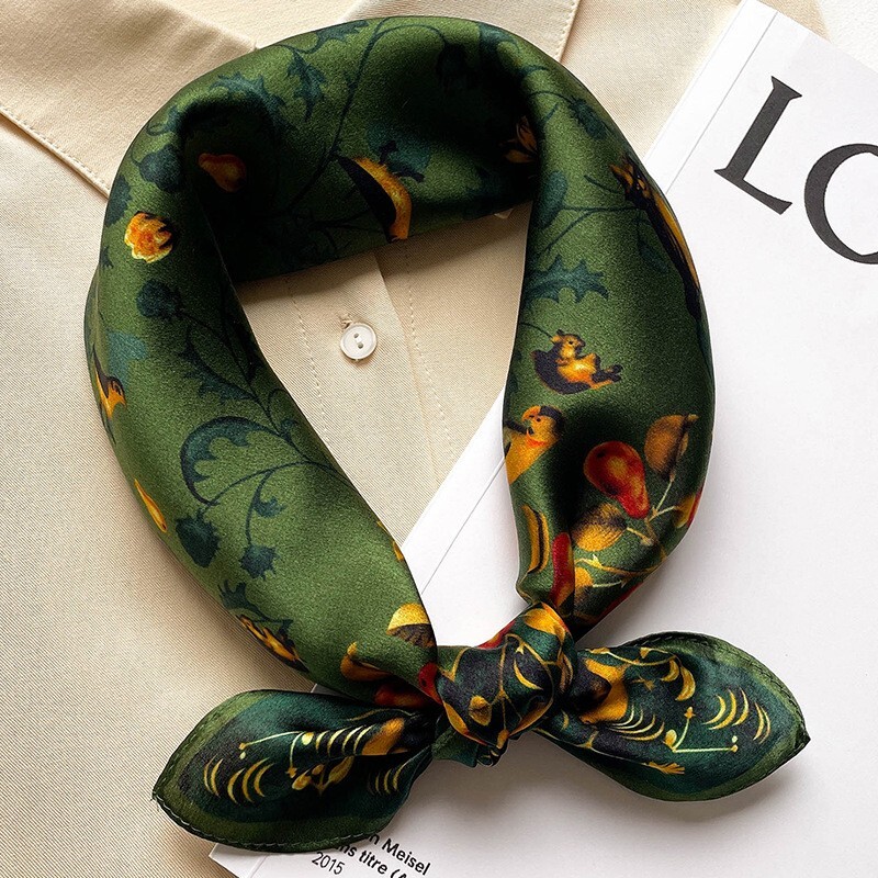100% Mulberry Silk 20″ Square Scarf Women neckerchief Wrap Birds Print Green