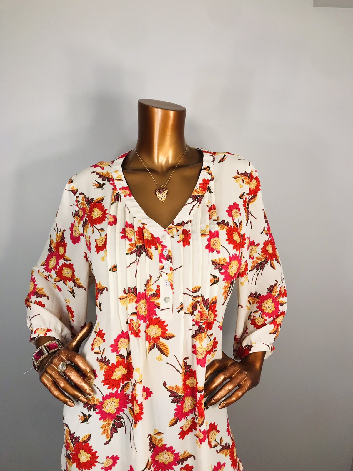 Rose + Olive 1X Plus Top Floral Fall Prints Low V Cut 1/2 Button Up Shirt 3/4 Sl