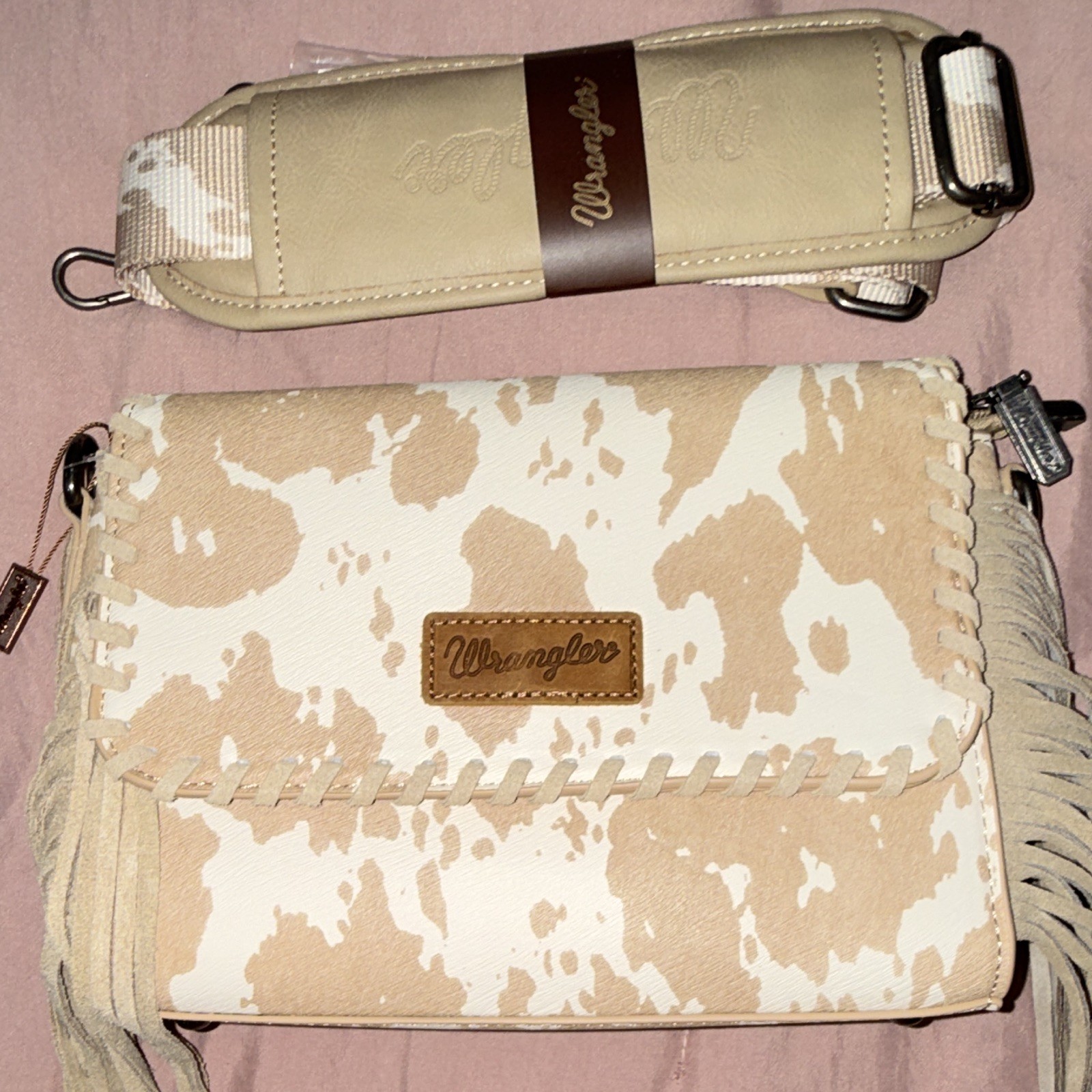 Wrangler Beige/White Cow Print Fringe Small Crossbody Bag, Zip, Strap, Pockets