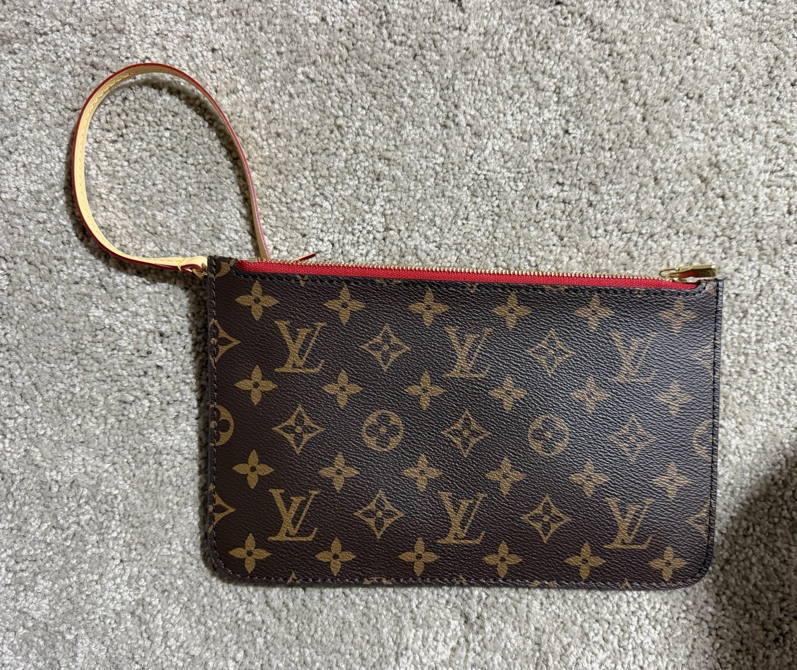 Louis Vuitton Monogram Wristlet Zip Pouch Brown/Red Lined Gold Hardware