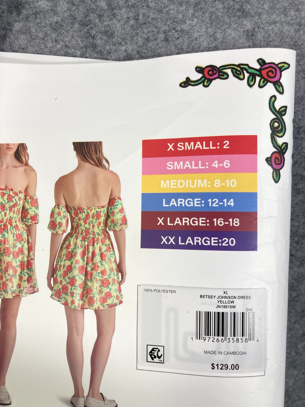 Betsey Johnson Baby Doll Dress Womens XL Yellow Floral Smocked Puff Sleeve NWT