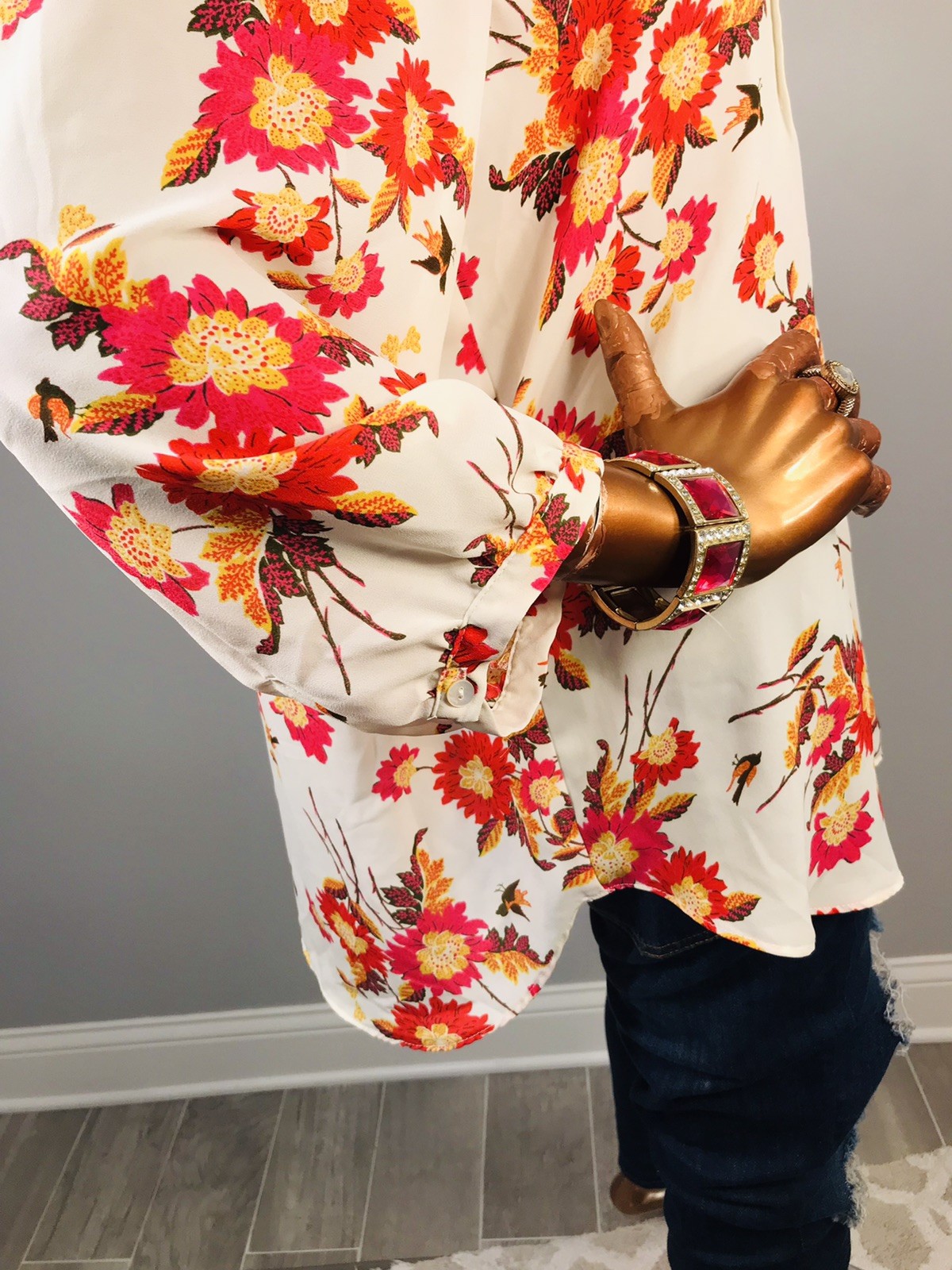 Rose + Olive 1X Plus Top Floral Fall Prints Low V Cut 1/2 Button Up Shirt 3/4 Sl