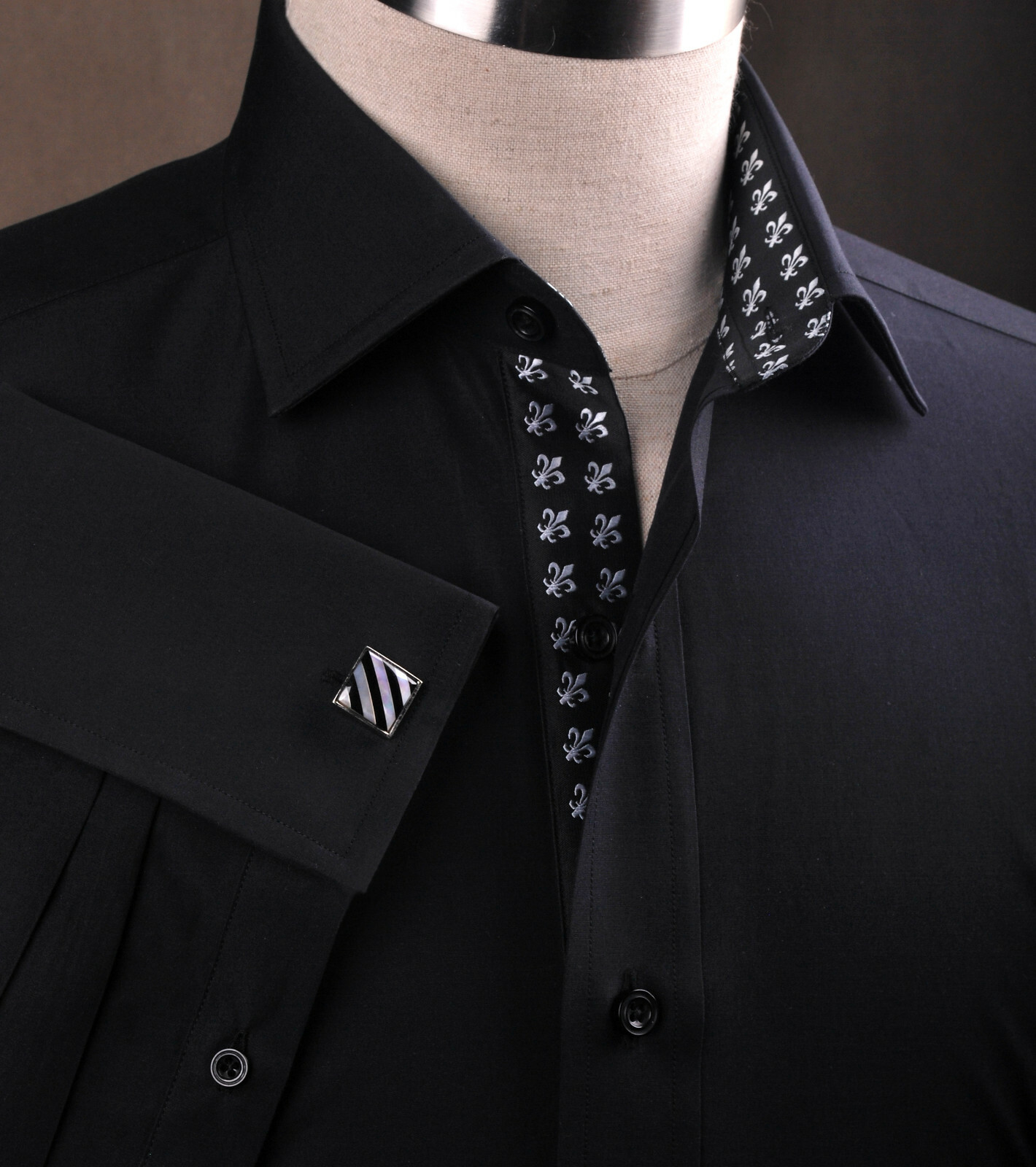 Sexy Pure Black Poplin Formal Dinner Event Dress Shirt Fluer-De-Lis Inner Lining