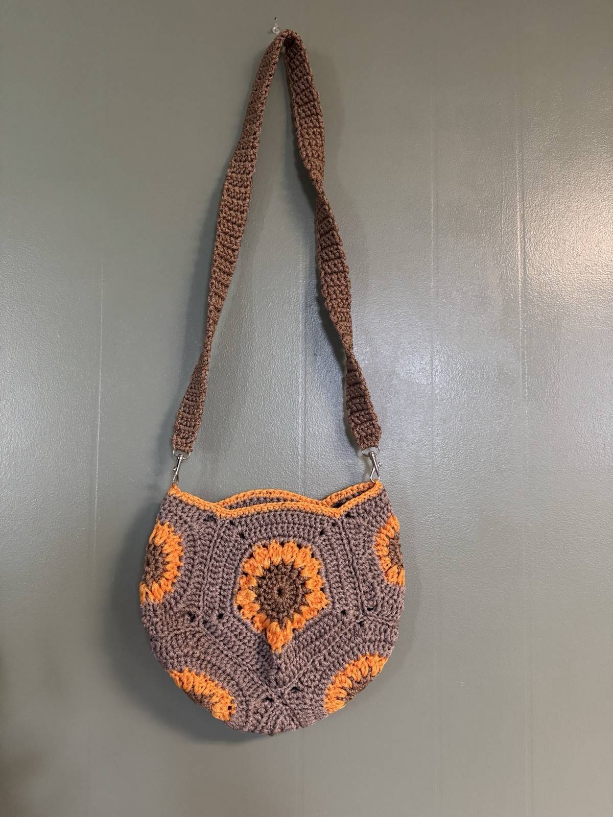 Handmade Crochet Shoulder Bag Brown Orange Round Floral Detachable Strap