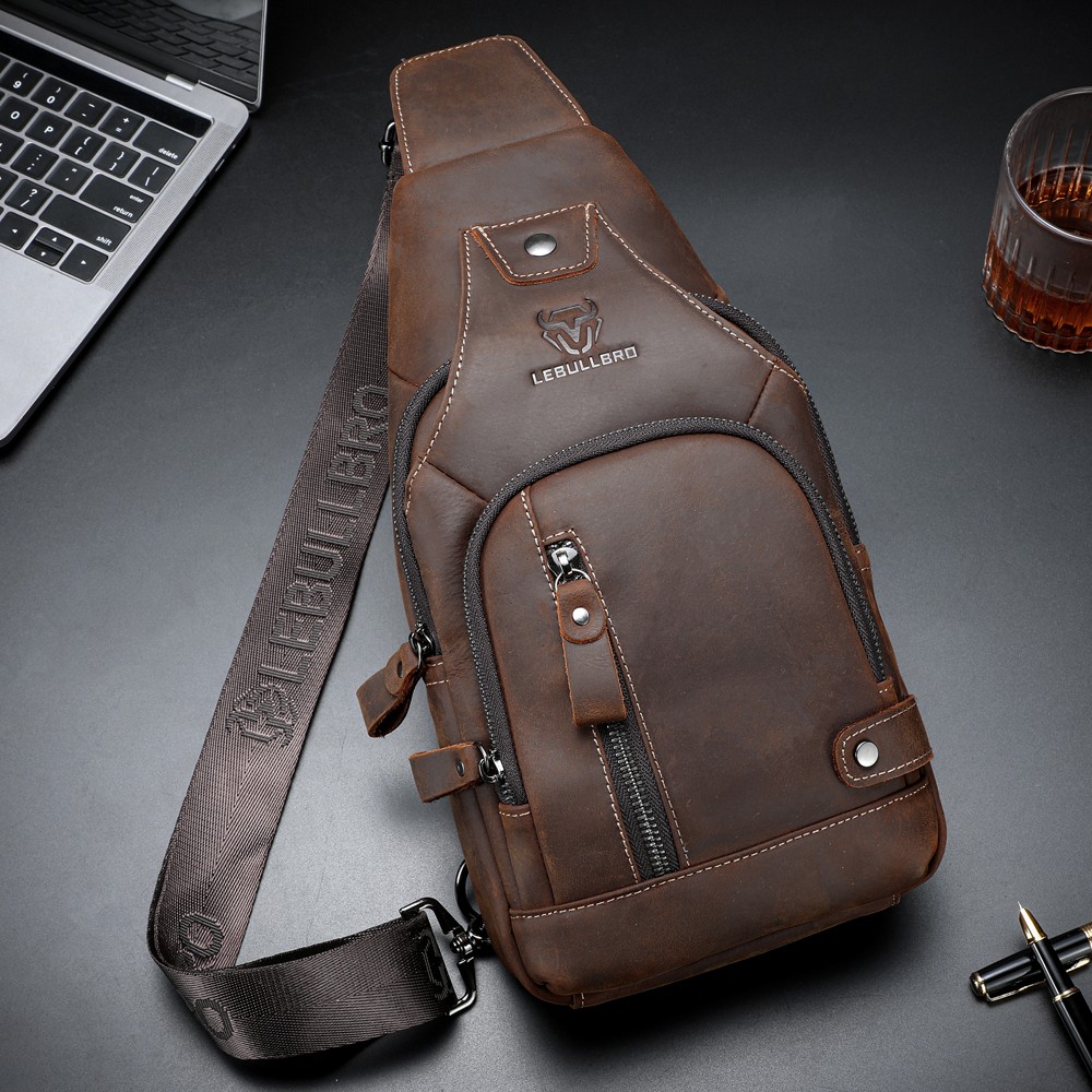 Mens Sling Backpack Cowhide Genuine Leather Chest Crossbody Shoulder Bag New