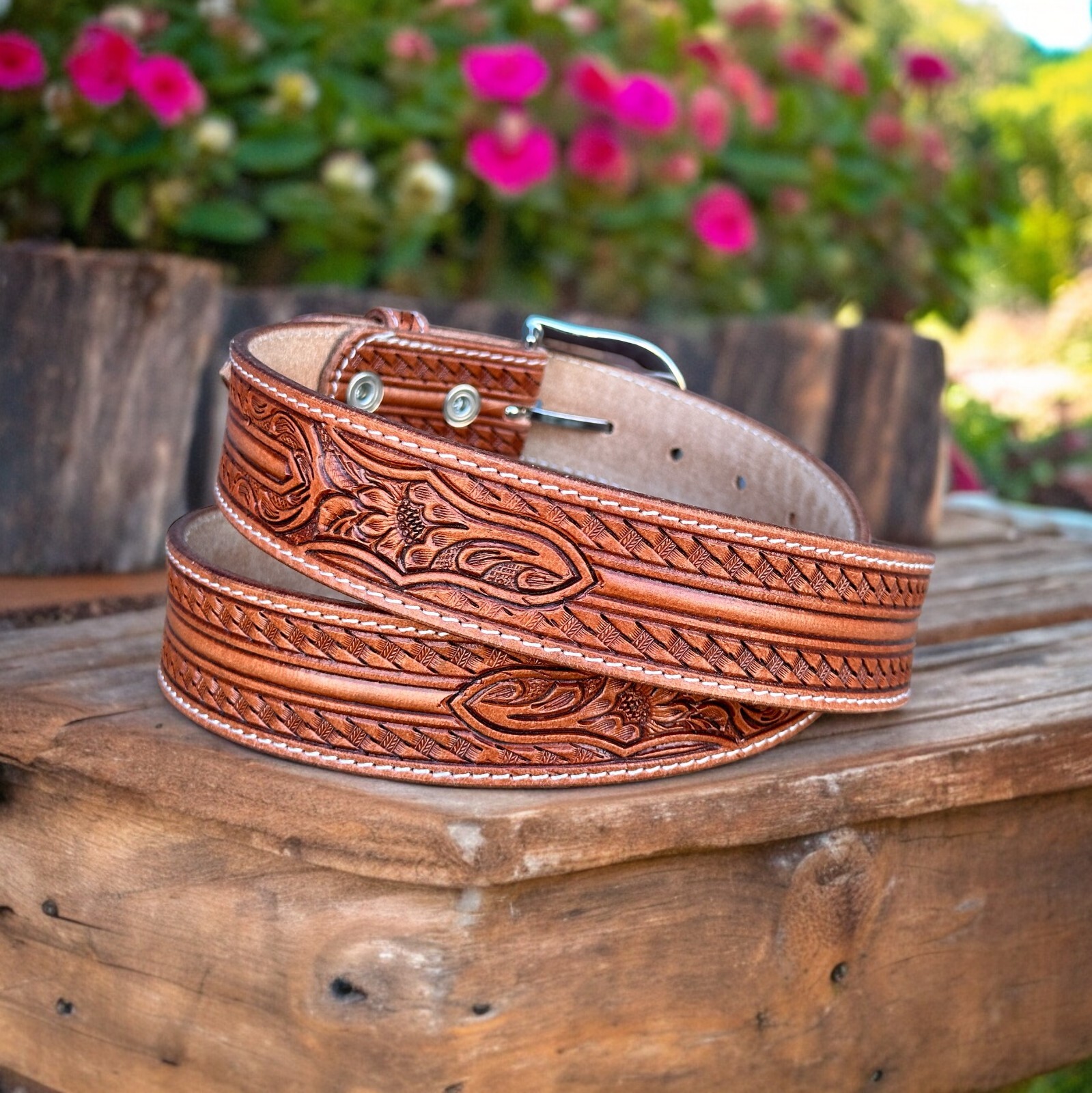 Western Belt Handmade Men’s Full Grain Leather With Buckle Tolled Cowboy Belt