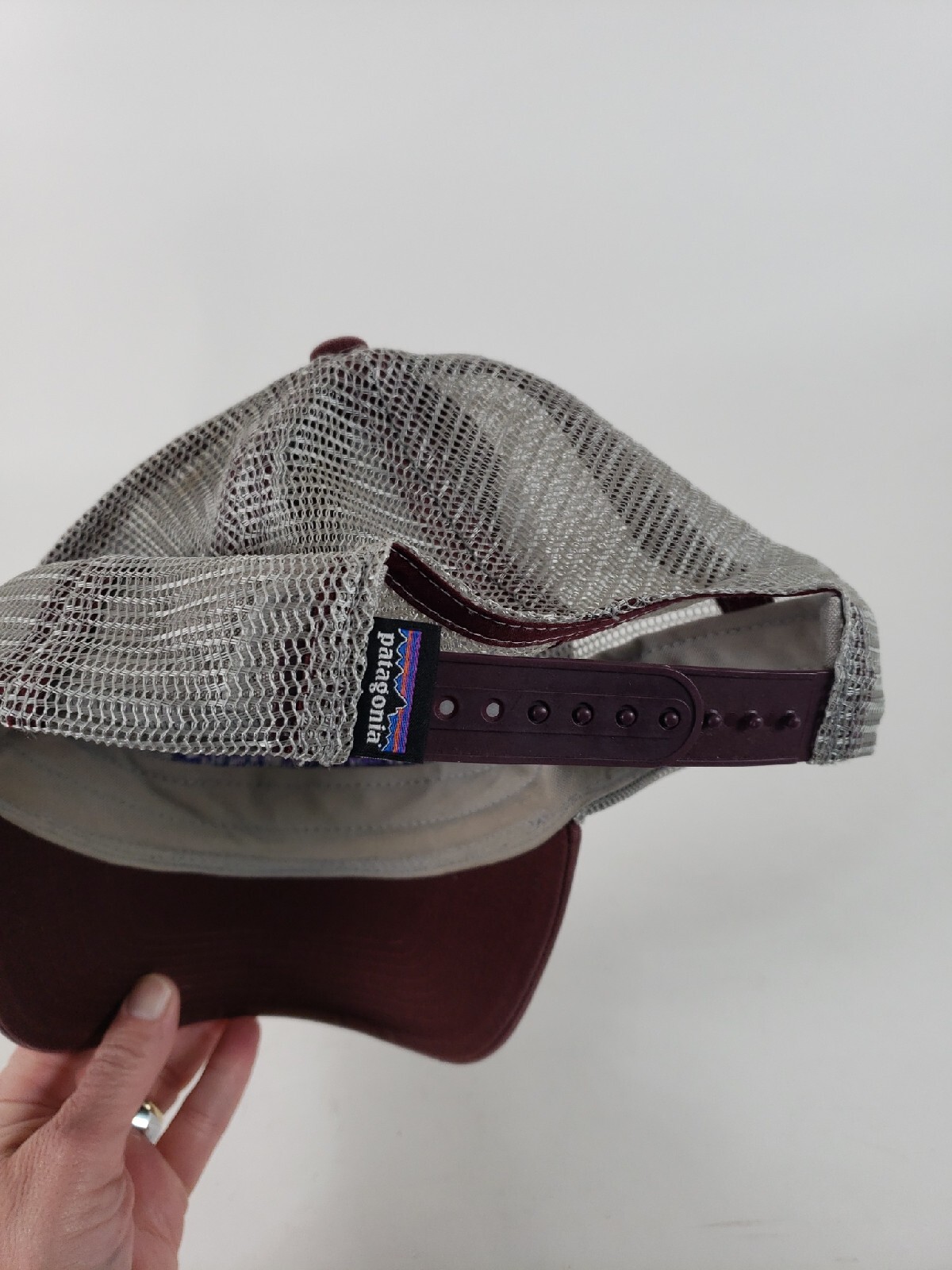 Patagonia P-6 Logo Lo Pro Trucker Hat Maroon Gray Mesh Snapback Cap