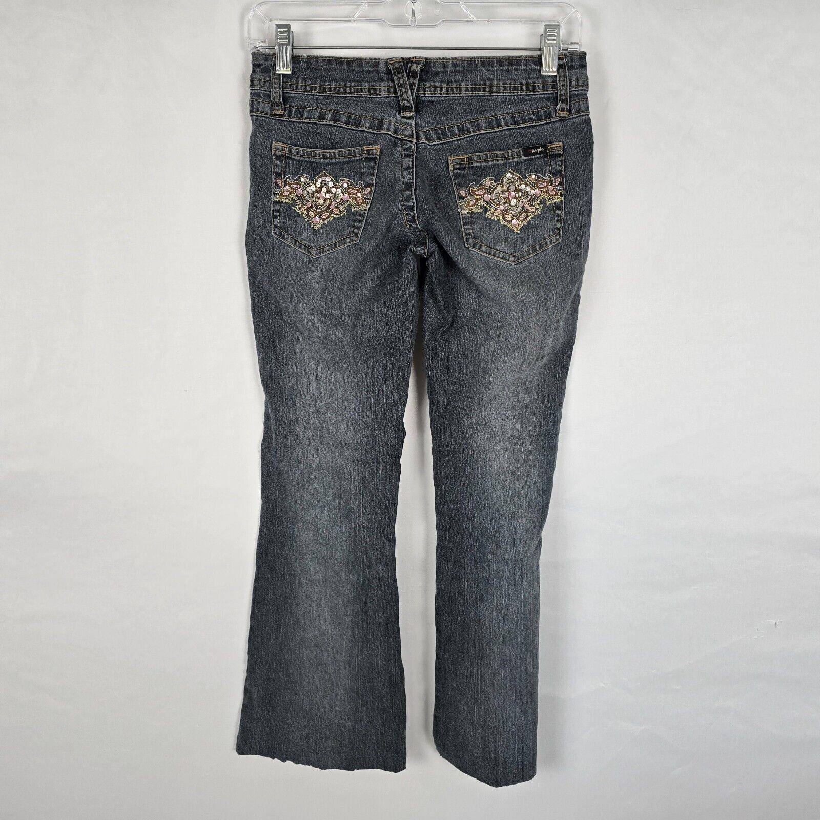 Angels Jeans Juniors 3 / 28 Blue Flare Raw Hem Ankle Embordered Sequin Bejeweled