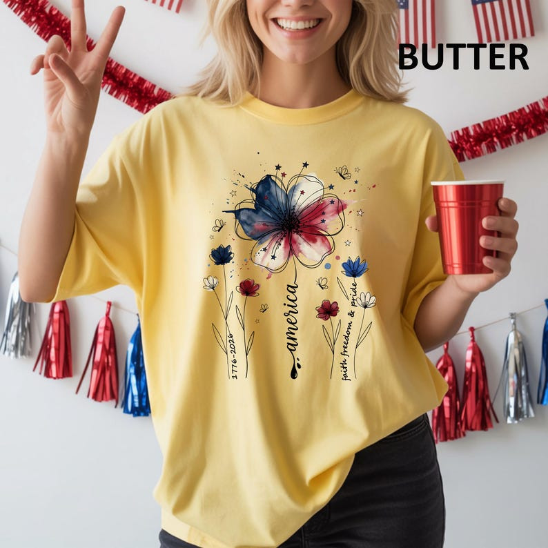 Comfort Colors American Floral Shirt Patriotic Wildflower USA 250th Tee