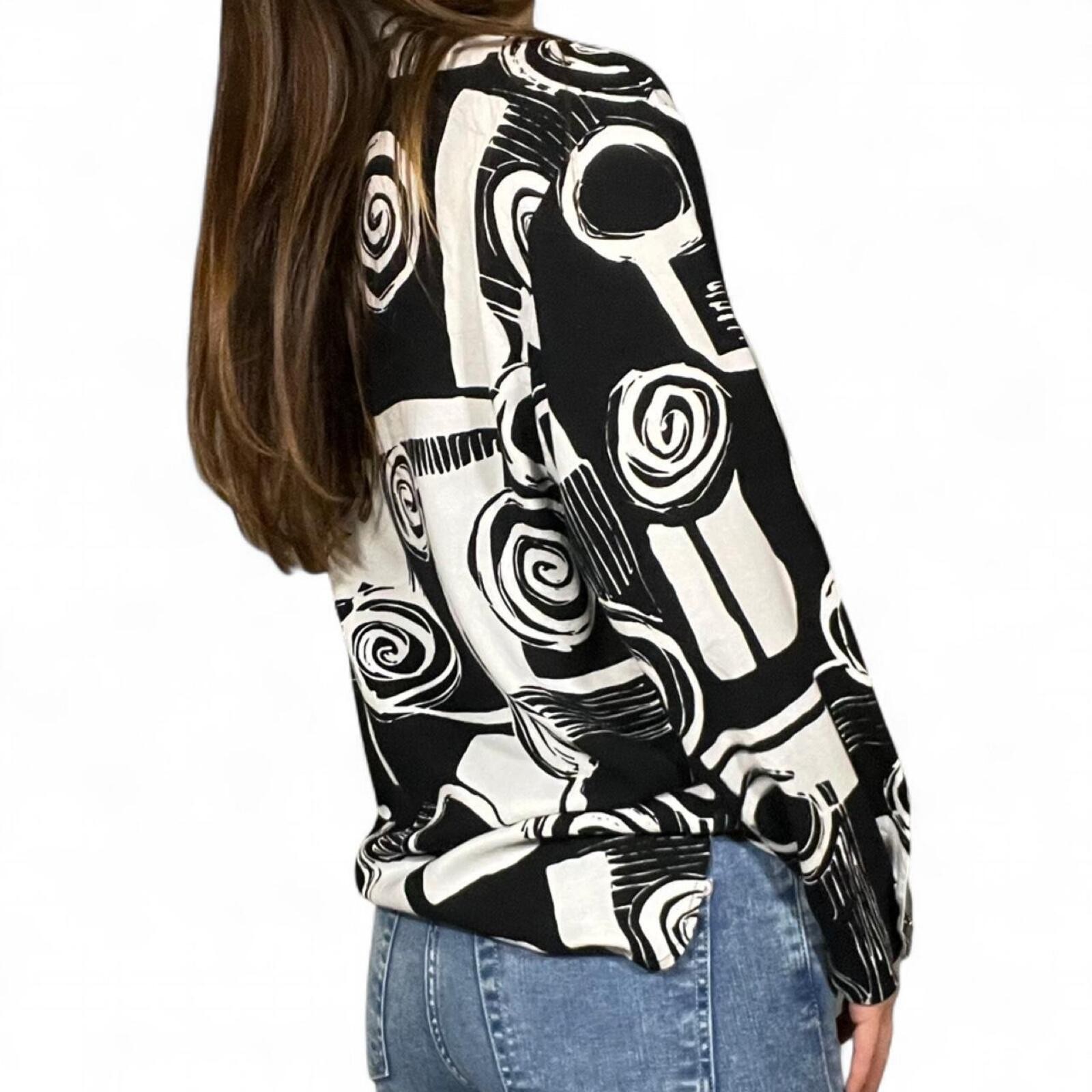 Laura Testoni Black and White Abstract Geometric Button-Up Blouse