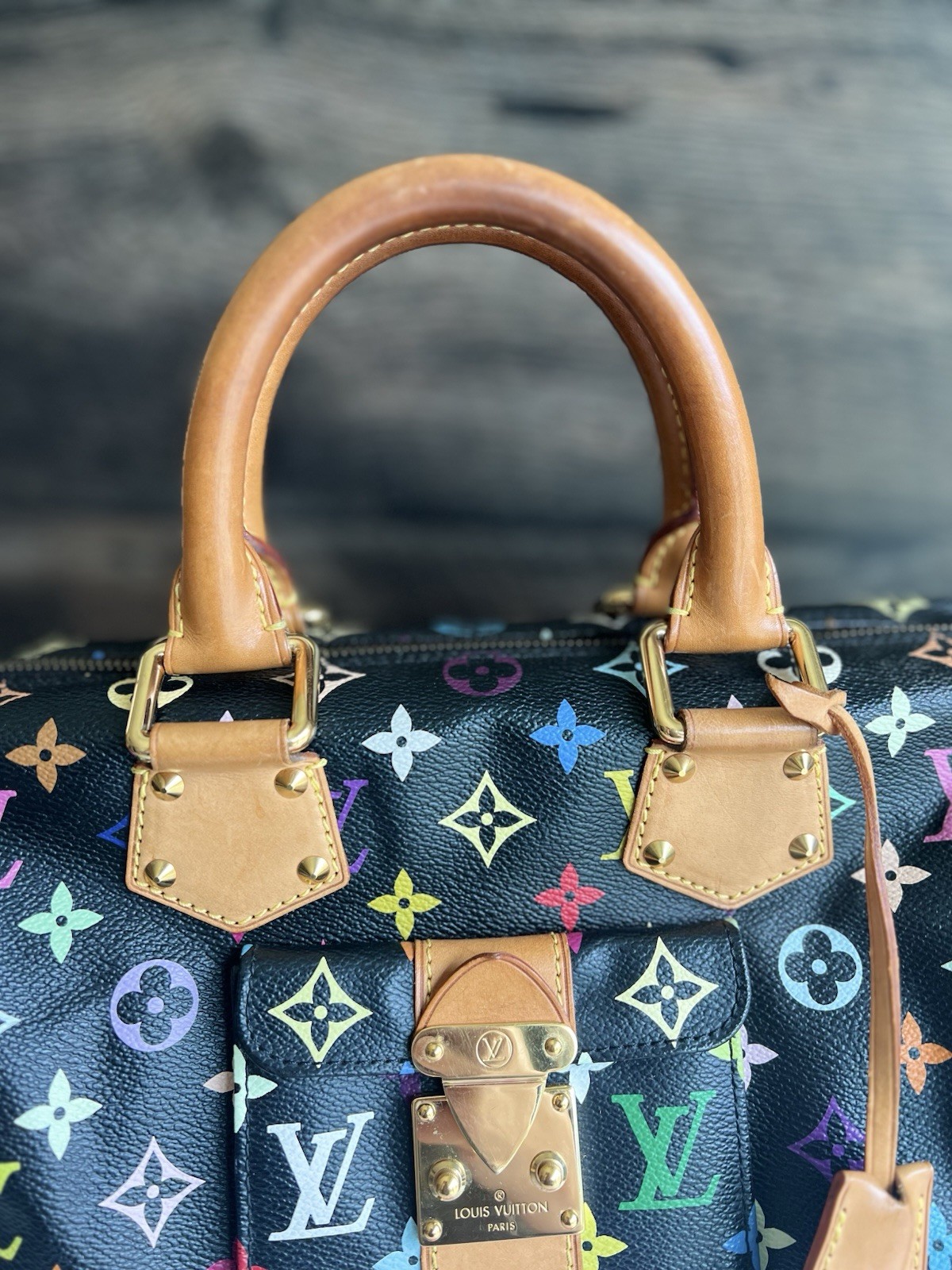 Authentic Louis Vuitton Takashi Murakami Black Multicolor Speedy 30 Handbag Tote