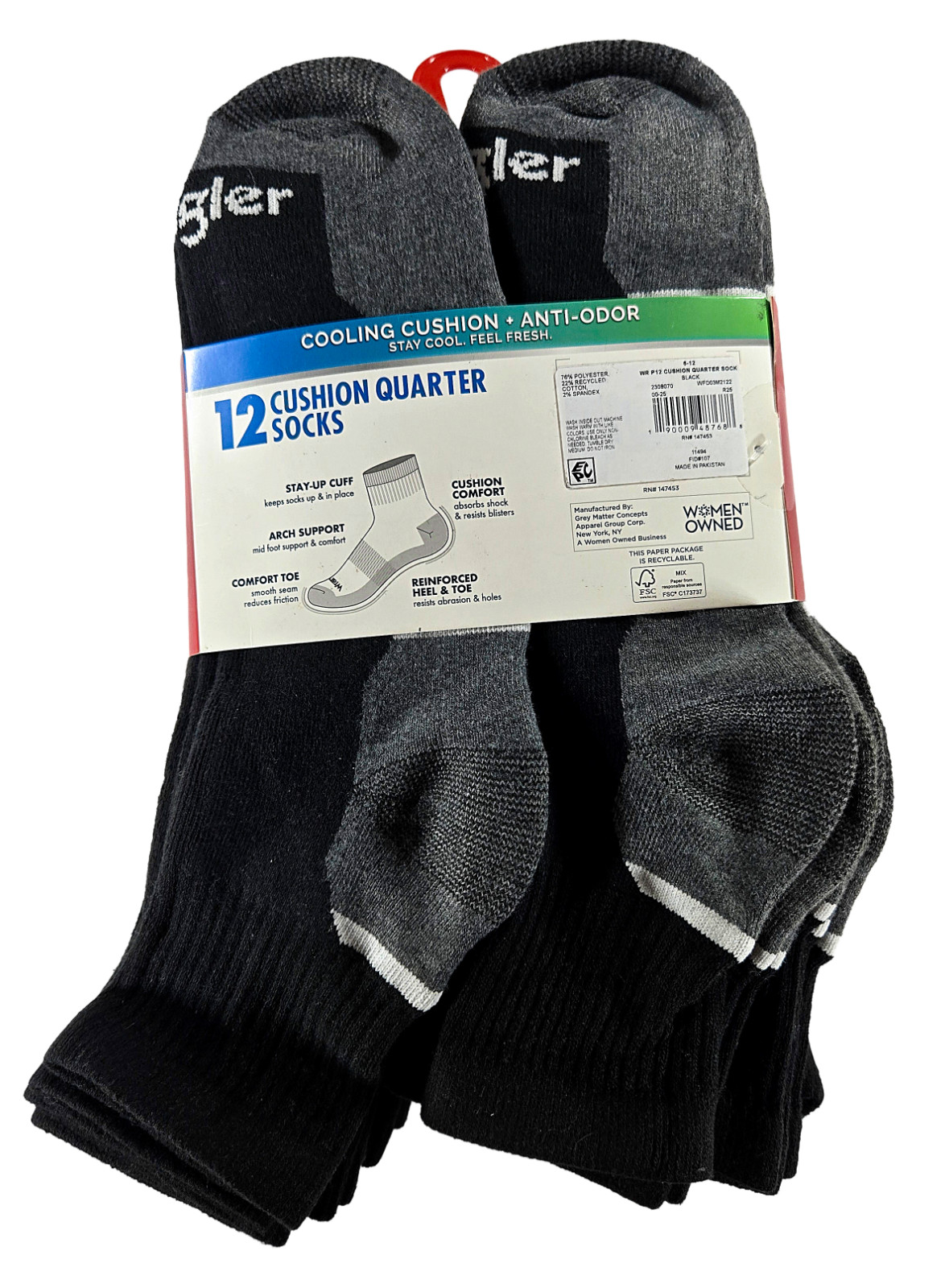 Wrangler Five Star Mens Quarter Socks 12 Pack Black Grey Cushion Size 6-12 NWT