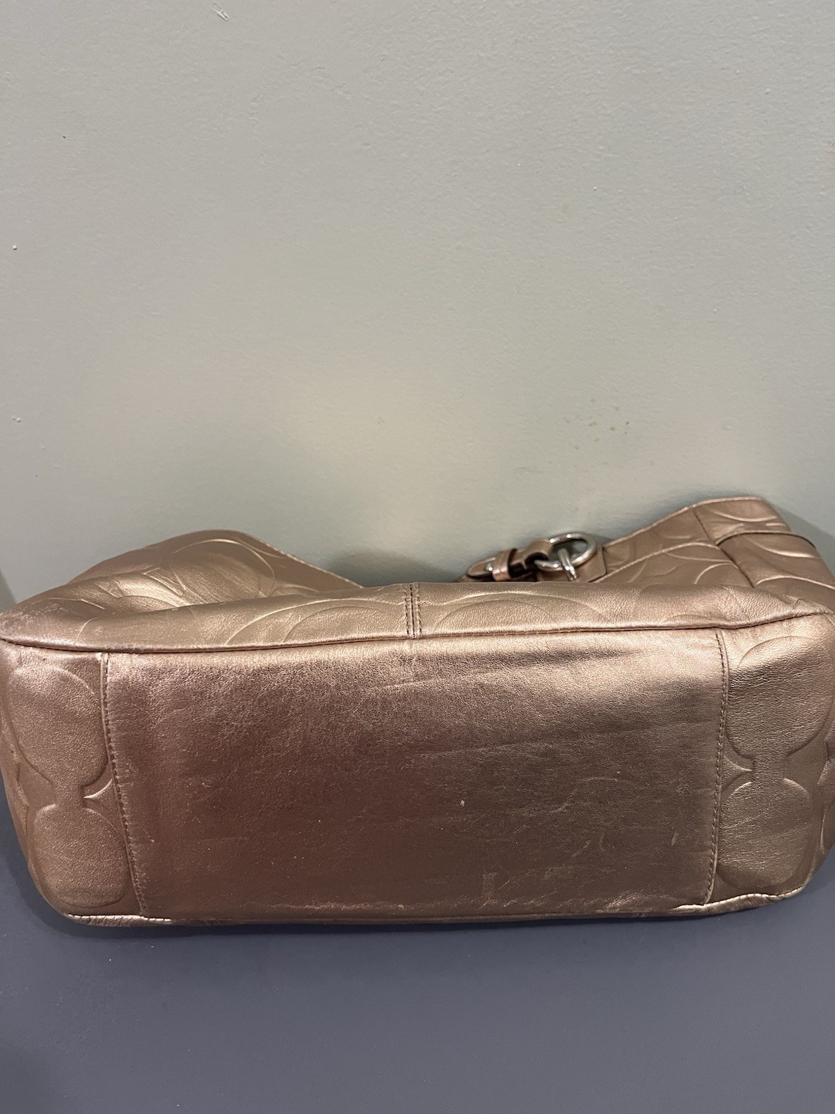 Coach Signature Embossed Tote Bag Bronze Double Handles Silver Hardware Purple