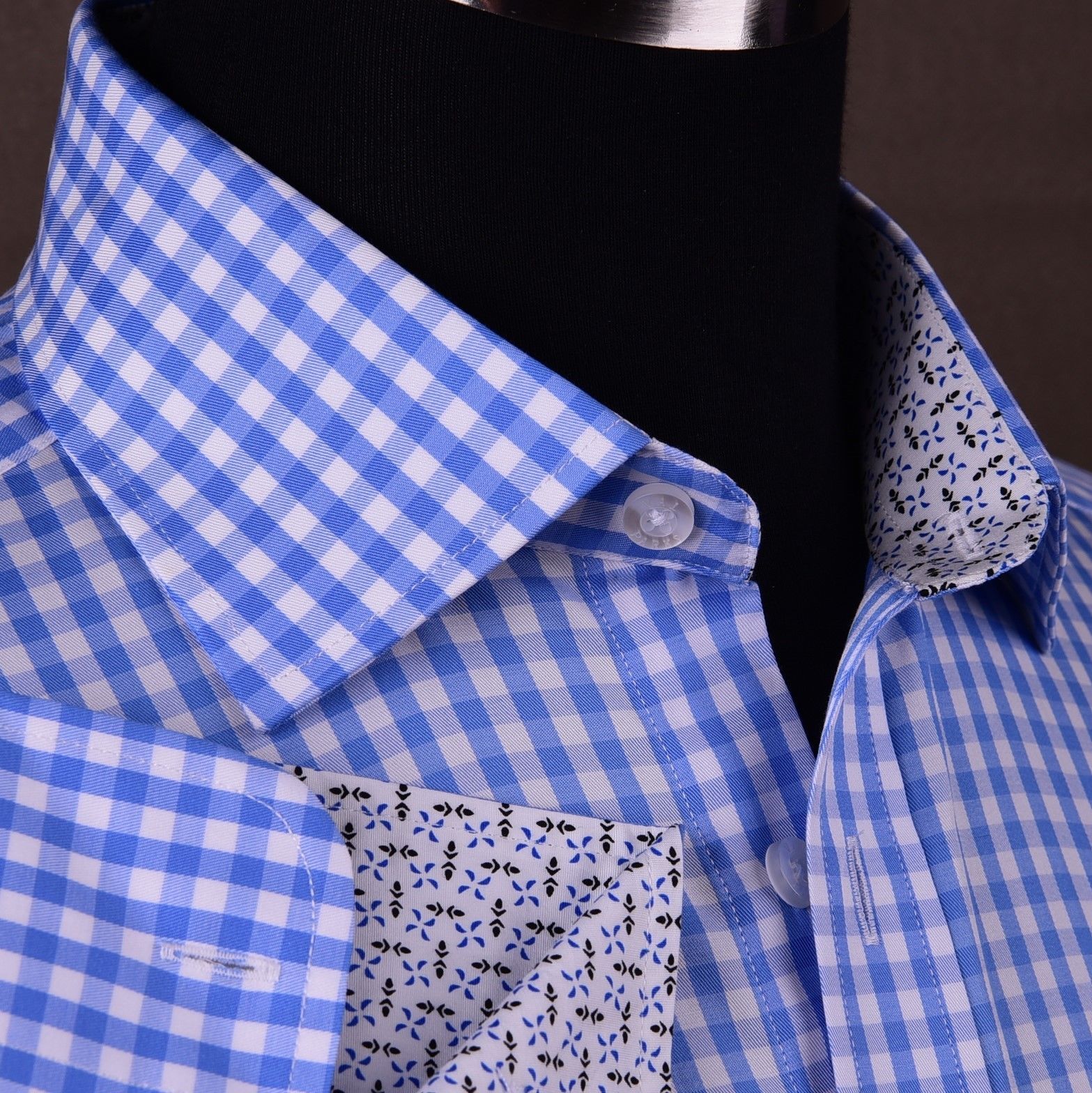 Blue Gingham Check Formal SLIM Dress Shirt Subtle Plaids Windmill inner lining