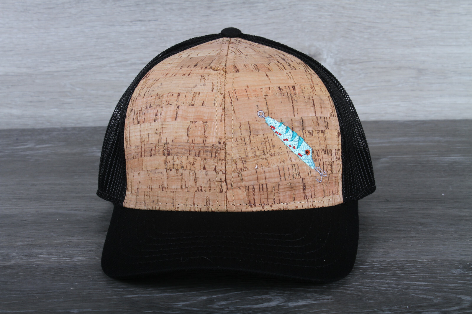 Fishing Lure Embroidered on an Otto 6 Panel Cork Mesh Back Hat